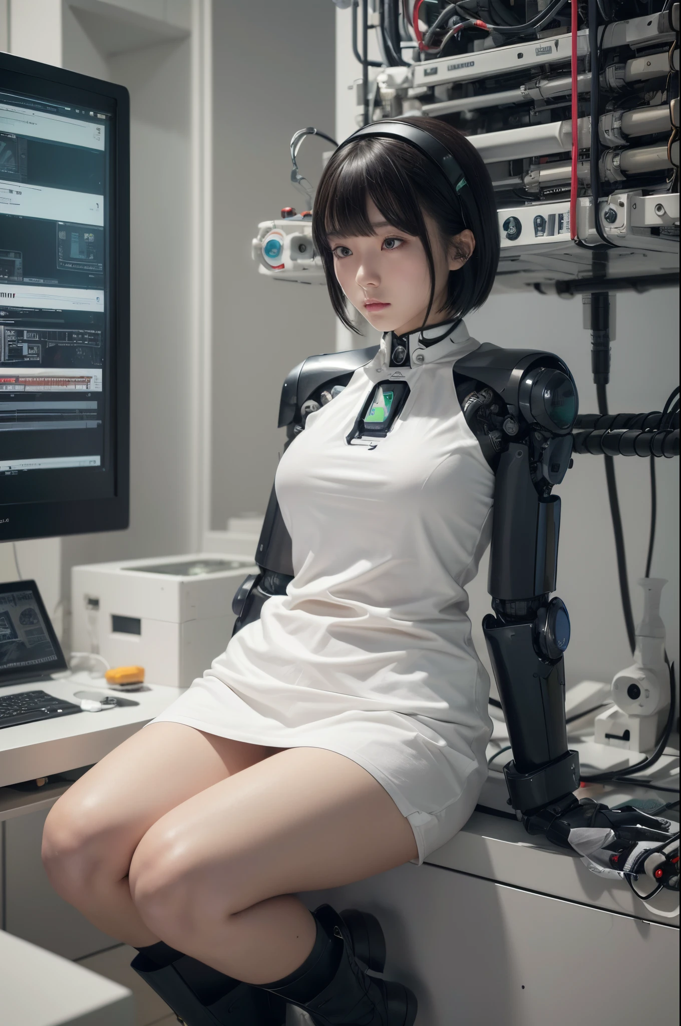 masterpiece, best quality, extremely detailed, (photorealistic:1.4), (RAW photo) (RAW photo) (8K, 4K, Best Quality, hight resolution, 超A high resolution:1.1), (masutepiece, Realistic, Photorealsitic:1.1), 1girl in, Japaese Cyborg Girl,Plump , announcer,control panels,android,Droid,Mechanical Hand, , Robot arms and legs, Black Robot Parts,Black hair,Mechanical body,Blunt bangs,White robotics parts,perfect robot woman,future laboratory,cyber pank,charging spot,laboratory,long tube,thick cable connected her neck,ceramic body ,mechanical body, ear antenna,mechanical ear cover,android,robot humanoid,short hair,miniskirt,black loose boots,white shirts,miniskirt,eyes roll back,