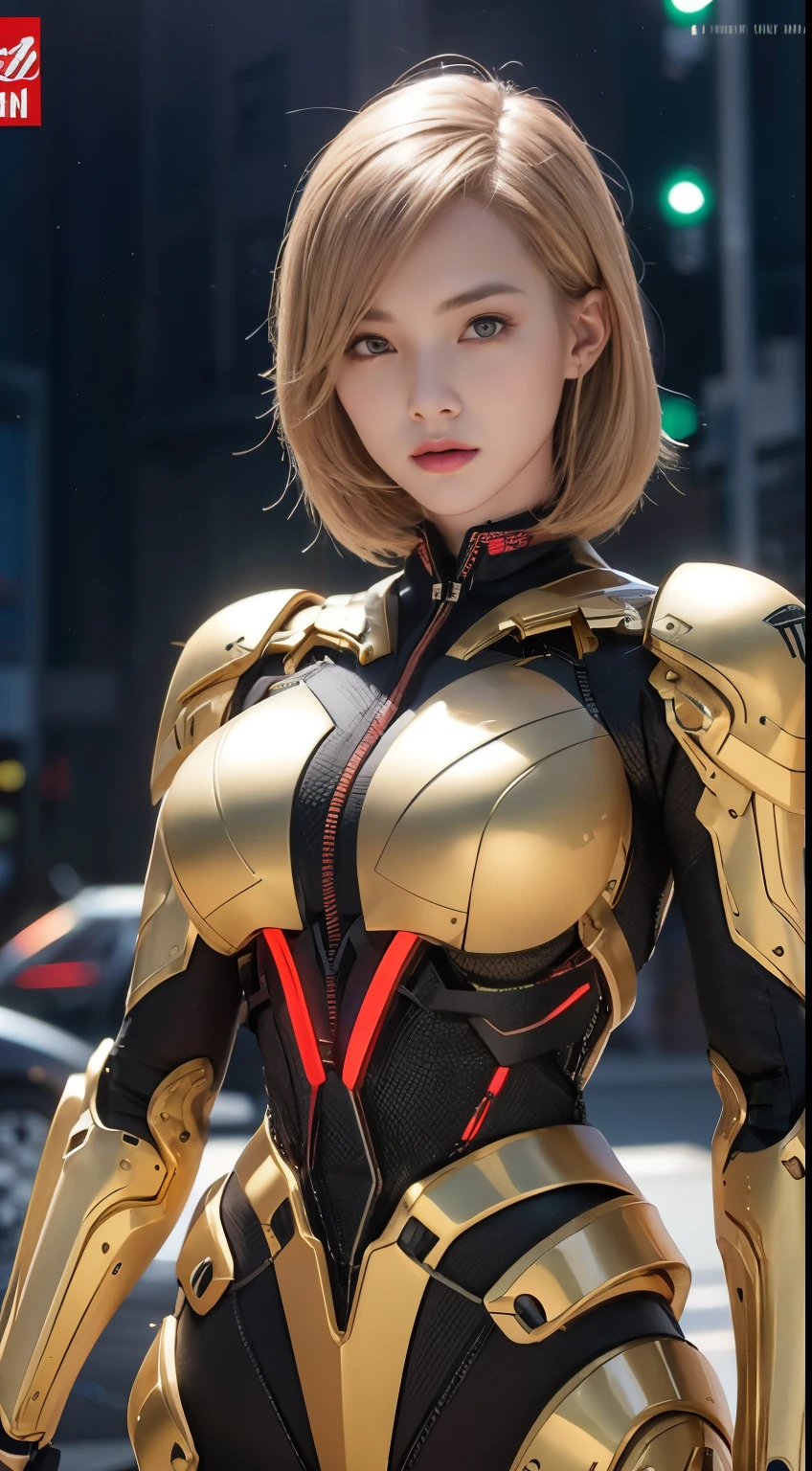 (1 Mechanical Girl)、top-quality、masterpiece、超A high resolution、(Photorealsitic:1.4)、Raw photo、1人、Golden hair、glowy skin、(((1 Mechanical Girl)))、(LED Lamp Mechanical Helmet)、(Small LED)、((super realistic details))、portlate、globalillumination、Shadow、octan render、8K、ultrasharp、Colossal tits、Raw skin is exposed in cleavage、metals、Details of complex ornaments、Japan details、highly intricate detail、Realistic light、CGSoation Trends、Red Eyes、radiant eyes、Facing the camera、neon details、(Mechanical limbs)、(blood vessels connected to tubes)、Mechanical vertebrae attached to the back、mechanical cervical attaching to neck、(Wires and cables connecting to the head)、Gundam、Small LED、,Mechanical thighs、Toostock、