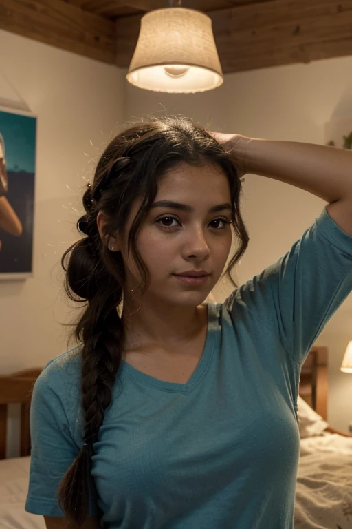 creation of an authentic selfie of the same young Latina. She holds the phone with one hand., vistiendo una sudadera negra con una trenza que cae sobre su hombro derecho. The image shows the background of a room with a light blue bed., illuminated by a warm lamp. En la mesita de noche puedes ver cuatro libros cuidadosamente apilados.. The scene is bathed in warm lights that highlight the naturalness of the scene...