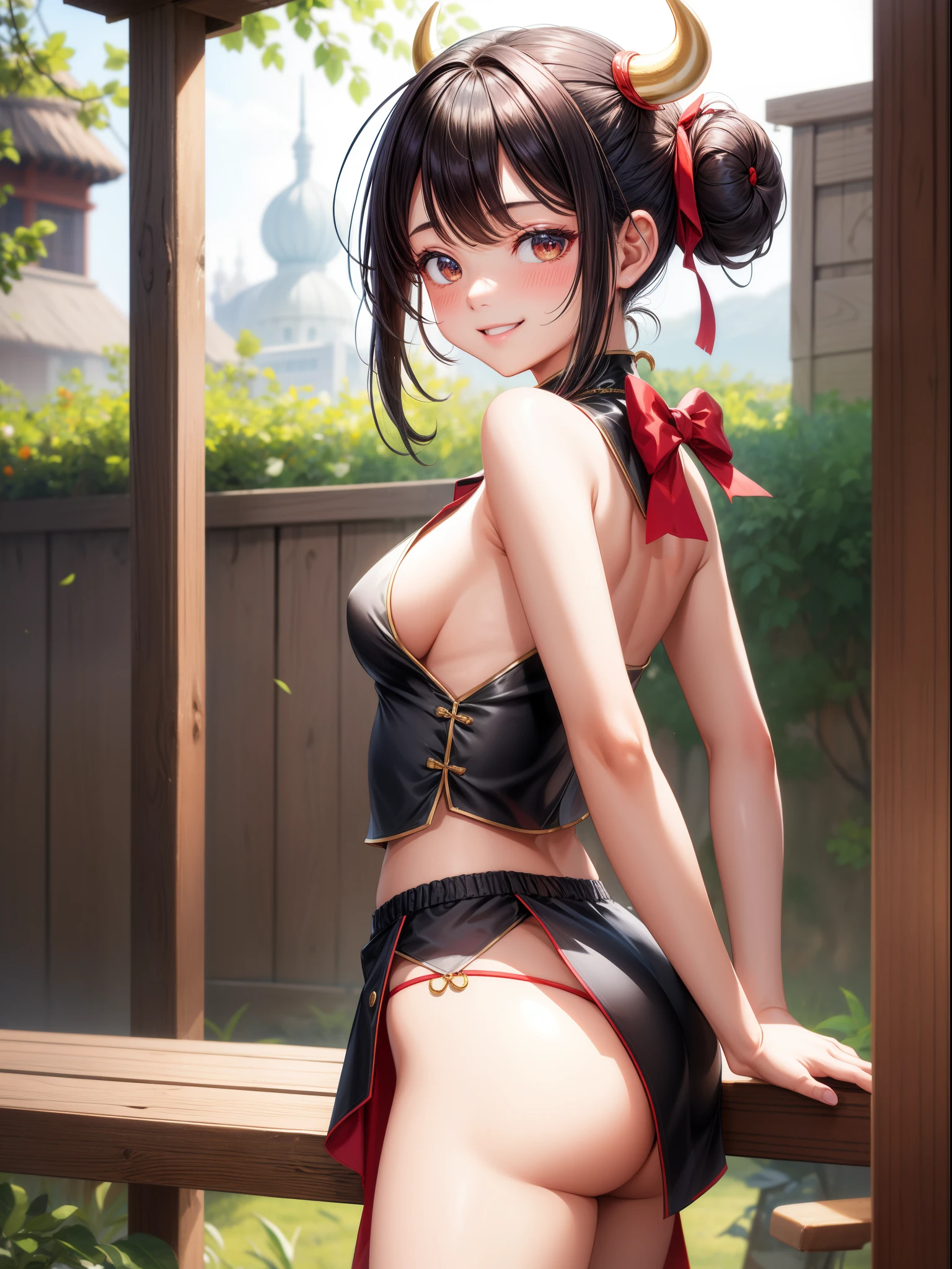 tmasterpiece, Best quality at best, A high resolution, amira, long whitr hair, Pin the bangs at the back of the head, Top knot, forehead, Collar, Bare shoulders, Chopping, red mini short , exercise well,the bow, Sleeveless, cow boy shot, Permanent, Outdoor activities, Riman, ssmile, the shy, A blushing smile,Show butt