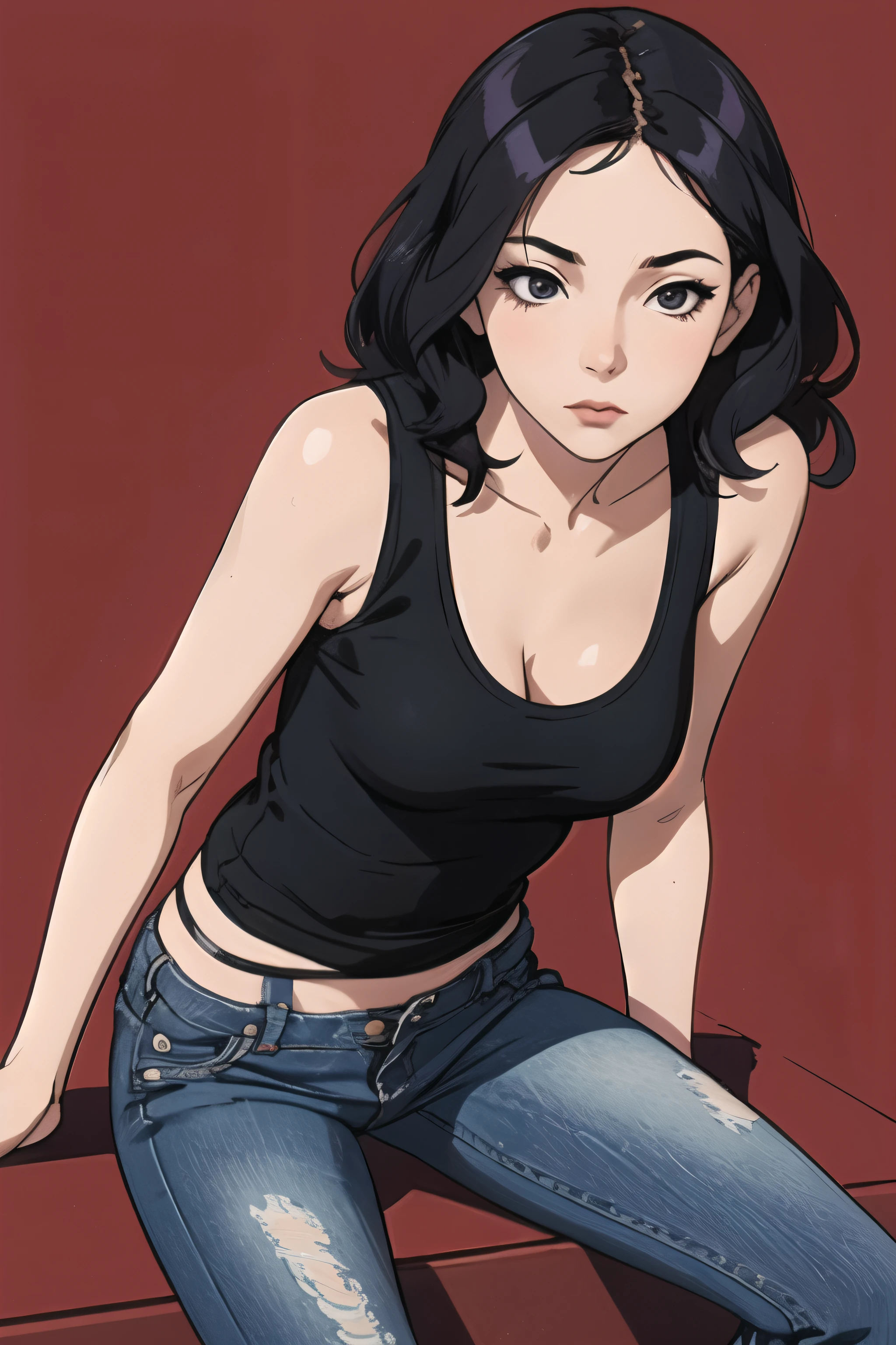 A woman in a black top and jeans sitting on a red wall - SeaArt AI
