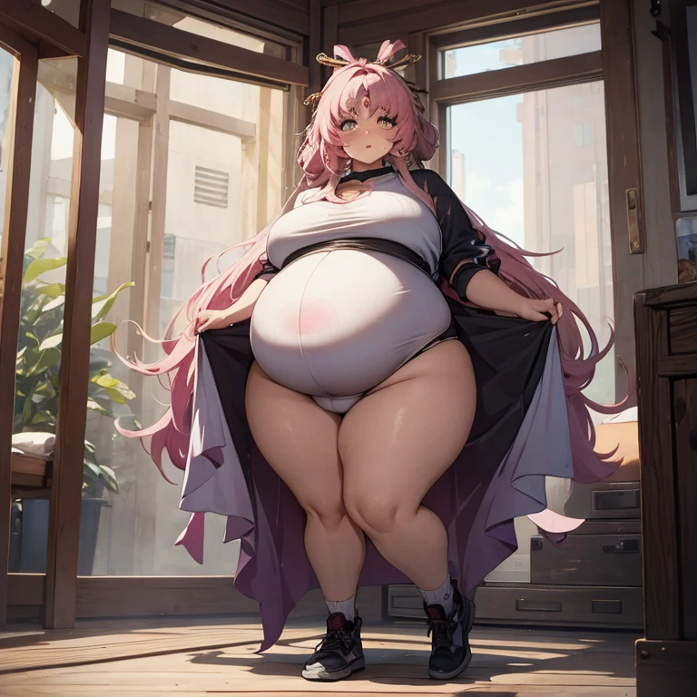 Pregnant, huge belly, huge breats, thick thighs, very thight clothes, best quality, full body