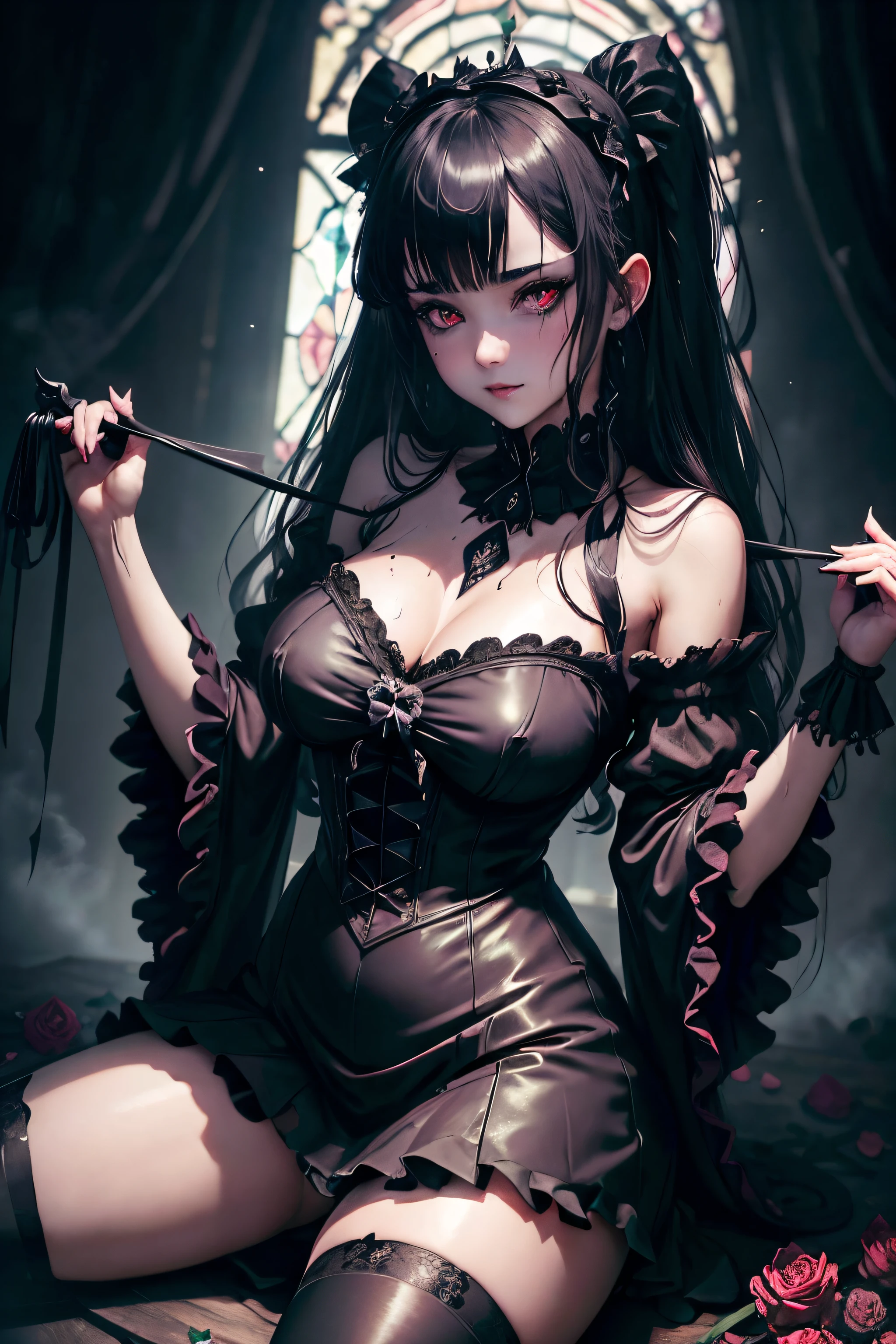 Hard Dark Gothic Makeup、Maniacal、Deep night sky、horor、Black Dark Eyeshadow、crying how bright、mourn、Good skin luster、Dark Gothic Makeup、Dark smile、Restless Palace、Expressions of sexual arousal、Fragrant beauty、22year old、Lying、seductiv、Strong sexual pleasure facial expressions、A look of shame、Dark Gothic、Gothic lolita、bell sleeves、Wizard Sleeve、Obscene look、Stained glass background、masutepiece、Best Quality、Refers to 5 books、Sweat glitters on my chest、Expression of sexual pleasure in anguish、Drunken face、maid clothes、Mysterious、noble、Face holding back the toilet、flirty gothic loli clothes、the body is wet and shiny、Transcendent sex appeal、Lots of glitter on the thighs、I'm sweating a lot、Affectionate smile、twin-tail hair、my thighs are so wet、jet black ruffle skirt、Shaded、right blue eye, left eye is red、sit on a gothic bed covered in roses、Transcendent Bewitching Pose、Gravure photography、knee high socks、thigh-high socks、A lot of sweat and stickiness on the thighs、Plenty of plump, shiny thighs、Sweat shining generously on the thighs、The whole body is shiny with sweat、Glamour、platform heel shoes、Quite sweaty、My thighs are sweaty、heavy make up、breast size modest、black lipstick、Heavy dark gothic long dress、bright pink hair、Long hair straight hair、stain glass、black metal world、sloppily open your legs、her thighs are quite glamorous、
