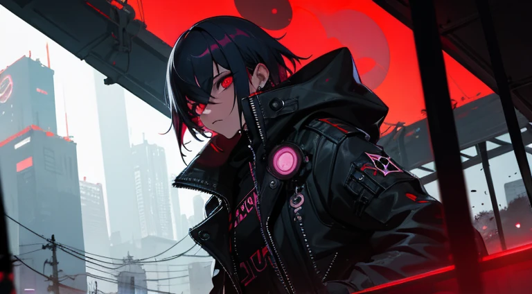 Futurista, punk oscuro, cyberpunk, noche, eclipse, lluvia, Tormenta, capucha, ojos rojos