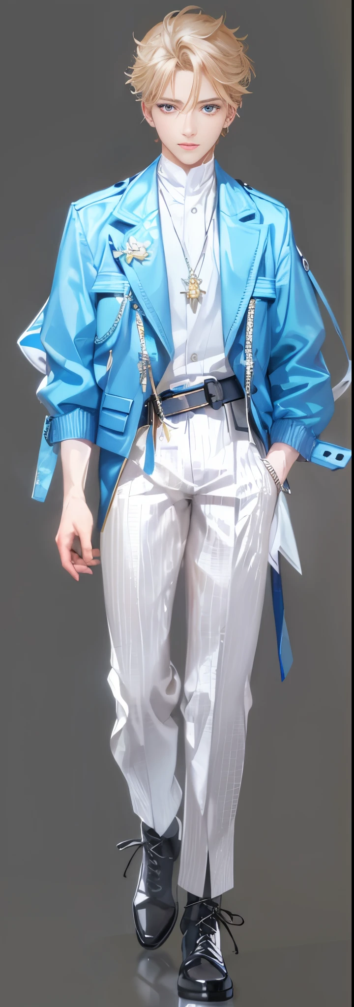 A boy with, Handsome, A yellow-haired one, eBlue eyes, blue clothes, tailcoat, flashy clothes, Angelic, White wings, tmasterpiece, so many details., spark of light, high high quality, 8K, 4K, 1080p,A high-fashion,A high-fashion,A high-fashion
