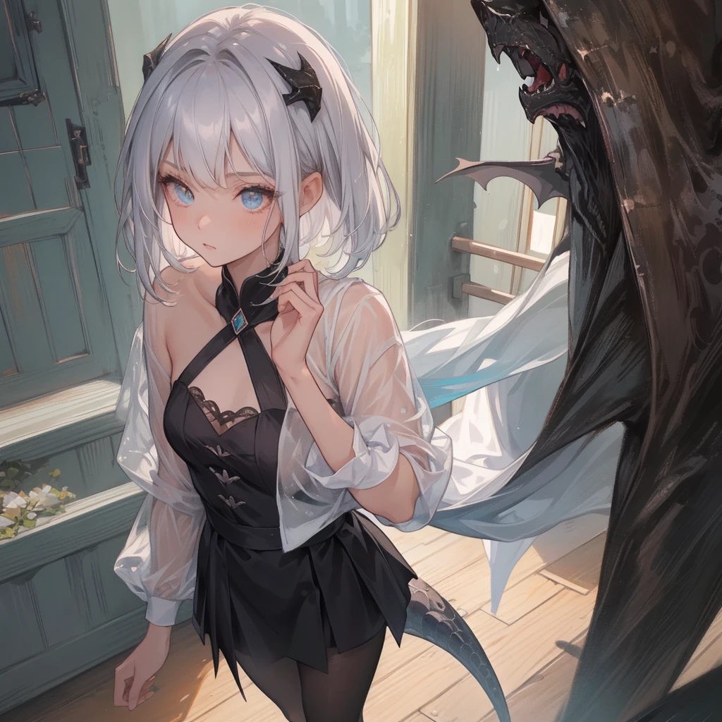 (melhor qualidade: 1.0), (super high res: 1.0), 1girl, personagem extremamente detalhado, detailed hands, Half-dragon girl, chifres, Dragon horns, Girl with black dragon tail, Black dragon tail, Cabelo extremamente detalhado, cabelo curto, ((short hair)), ((cabelos brancos)), ((mechas da cor preta)), olhos extremamente detalhados, olho com cores diferentes, Heterocromia, Olho direito de cor branca, Olho esquerdo de cor preta, dragon eyes, 2D, Arte de Anime, ((barnet)), ((corpo inteiro)), standing on her feet, medieval, RPG, pequena, (baixa), (Altura Pequena), peitos pequenos, (adolescente), olhar morto, grim expression, preocupado, look of tiredness, camisa de manga comprida, Black jacket, brincos de estrela + Branco, medieval chinese dress + preto, pantyhose + black + white, salto alto, capa preta