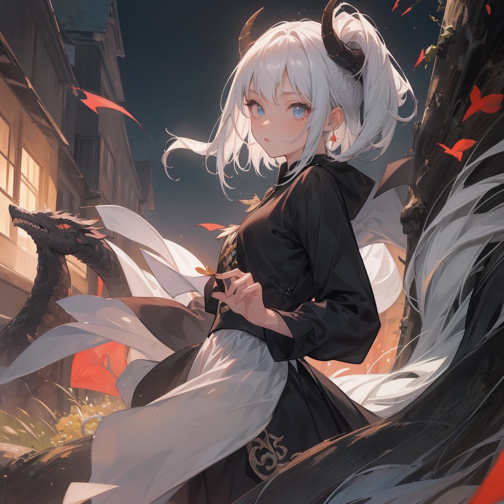 (melhor qualidade: 1.0), (super high res: 1.0), 1girl, personagem extremamente detalhado, detailed hands, Half-dragon girl, chifres, Dragon horns, Girl with black dragon tail, Black dragon tail, Cabelo extremamente detalhado, cabelo curto, ((short hair)), ((cabelos brancos)), ((mechas da cor preta)), olhos extremamente detalhados, olho com cores diferentes, Heterocromia, Olho direito de cor branca, Olho esquerdo de cor preta, dragon eyes, 2D, Arte de Anime, ((barnet)), ((corpo inteiro)), standing on her feet, medieval, RPG, pequena, (baixa), (Altura Pequena), peitos pequenos, (adolescente), olhar morto, grim expression, preocupado, look of tiredness, camisa de manga comprida, Black jacket, brincos de estrela + Branco, medieval chinese dress + preto, pantyhose + black + white, salto alto, capa preta