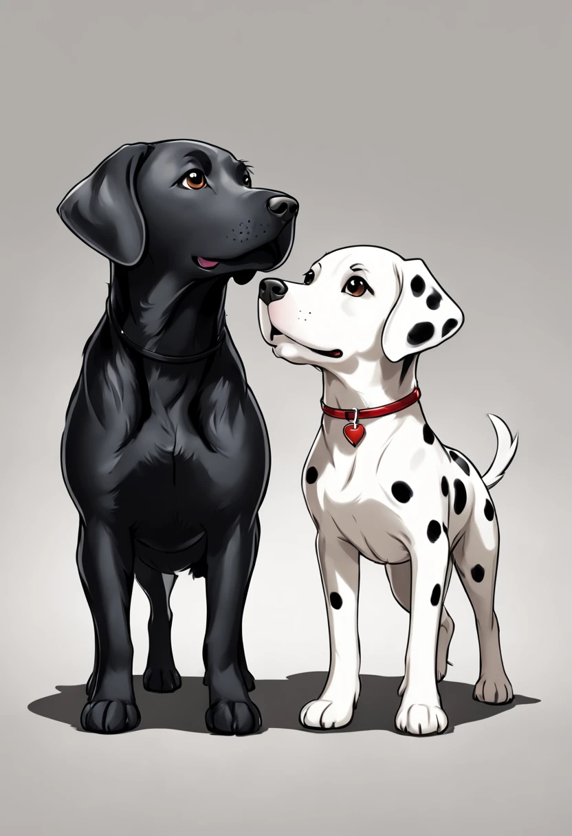 Angle from the side,1 pure black Labrador retriever and 1 white Dalmatian, Walking,In 2D chibi art style, masutepiece, Best Quality