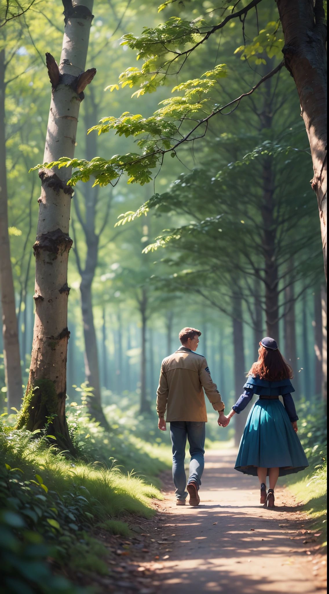 man and woman holding hands side by side in a forest full of many trees and lots of greenery and lots of birds and blue sky image in pixar drawing model --auto --s2