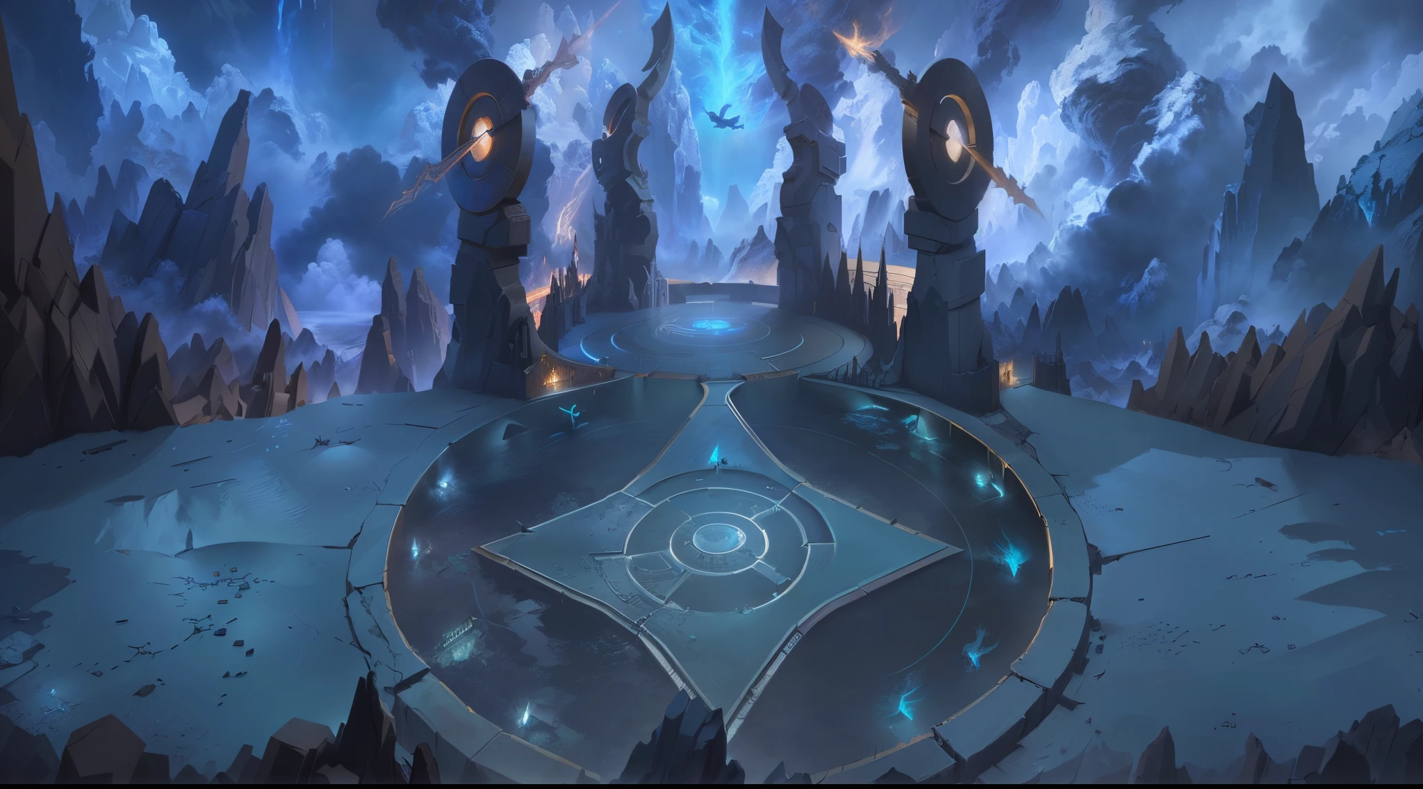 There is a very large circular structure,There are a lot of lights inside, odin's stone arena background, arena background, Riot Games Concept Art, League of Legends concept art, symmetric concept art, Stunning mystery background, 对称!! concept-art, concept art magical highlight, hyper concept art, blizzard concept art, Depicted as game concept art, game concept, concept-art
