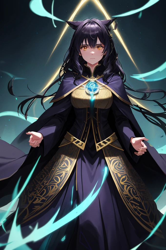 Cinematic action photo of a mage, her face illuminated by the glow of her magical spells. Her outfit, a form-fitting robe of dark velvet, is detailed with intricate patterns of gold thread and glowing runes. Her face, a picture of focused intensity, is framed by a cascade of wild, untamed hair. The colors are dark and dramatic, with the glow of her magic casting a harsh, eerie light on the scene. --ar 3:2 00 --s 2