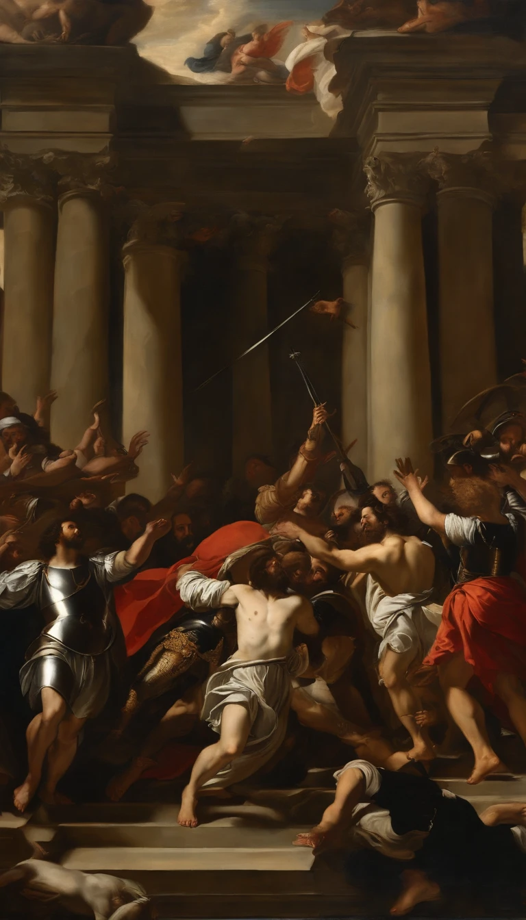 an oil painting, Coming down from the sky, A breathtaking masterpiece, Vivid, ornate, Caravaggio, 8K,final judgment,angelicales,Lots of people,Knights,