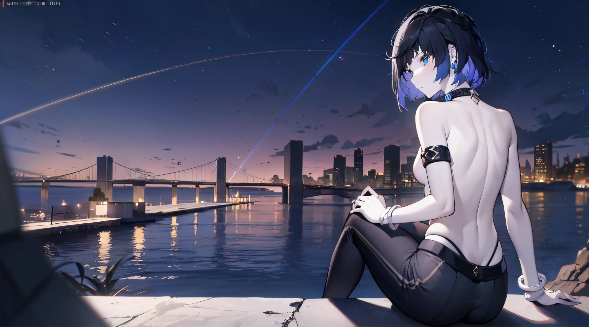(masterpiece:1.2), (pale skin:1.2), (solo:1.2), (female:1.1), (emphasis lines:1.3), yelendef, short hair, night, dark, hill, overlooking a city with a harbor, (topless), back, (oversized pants), slim, from behind, arm bracelets, wrist bracelets, sitting
