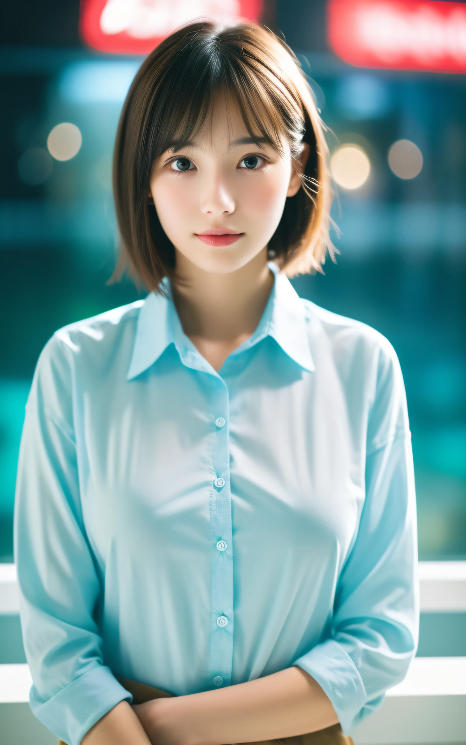 masutepiece, Best Quality, 8K, 18 yo, (large full breasts:1.2), open your mouth to say something, aquarium, cute little, Solo, sad, close up, Cute, Girly, Delicate girl, Neat and clean beauty, Raw photo, Professional Photography, Portrait, Soft light, Professional Lighting, Back lighting, Full body, Sophisticated, Film grain, (Eyes and faces with detailed:1.0), Short-length floating hair , Beautiful flowing hair, Bangs, Collared shirt