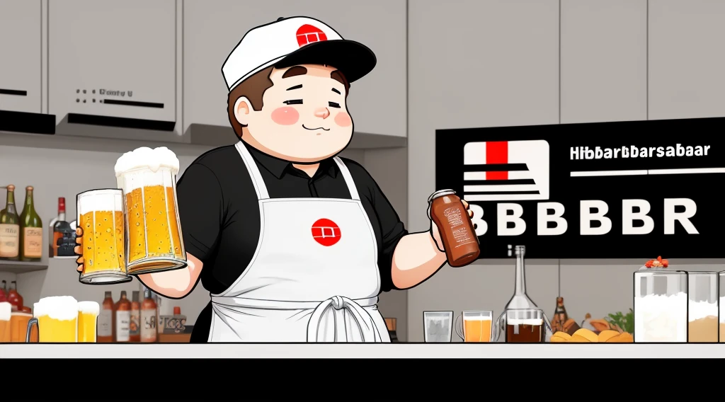 Black and white flat logo design of a chubby bartender, who wears an apron and a Deutsche Bahn DB logo hat, Towel over shoulder, in der anderen Hand ein Bier