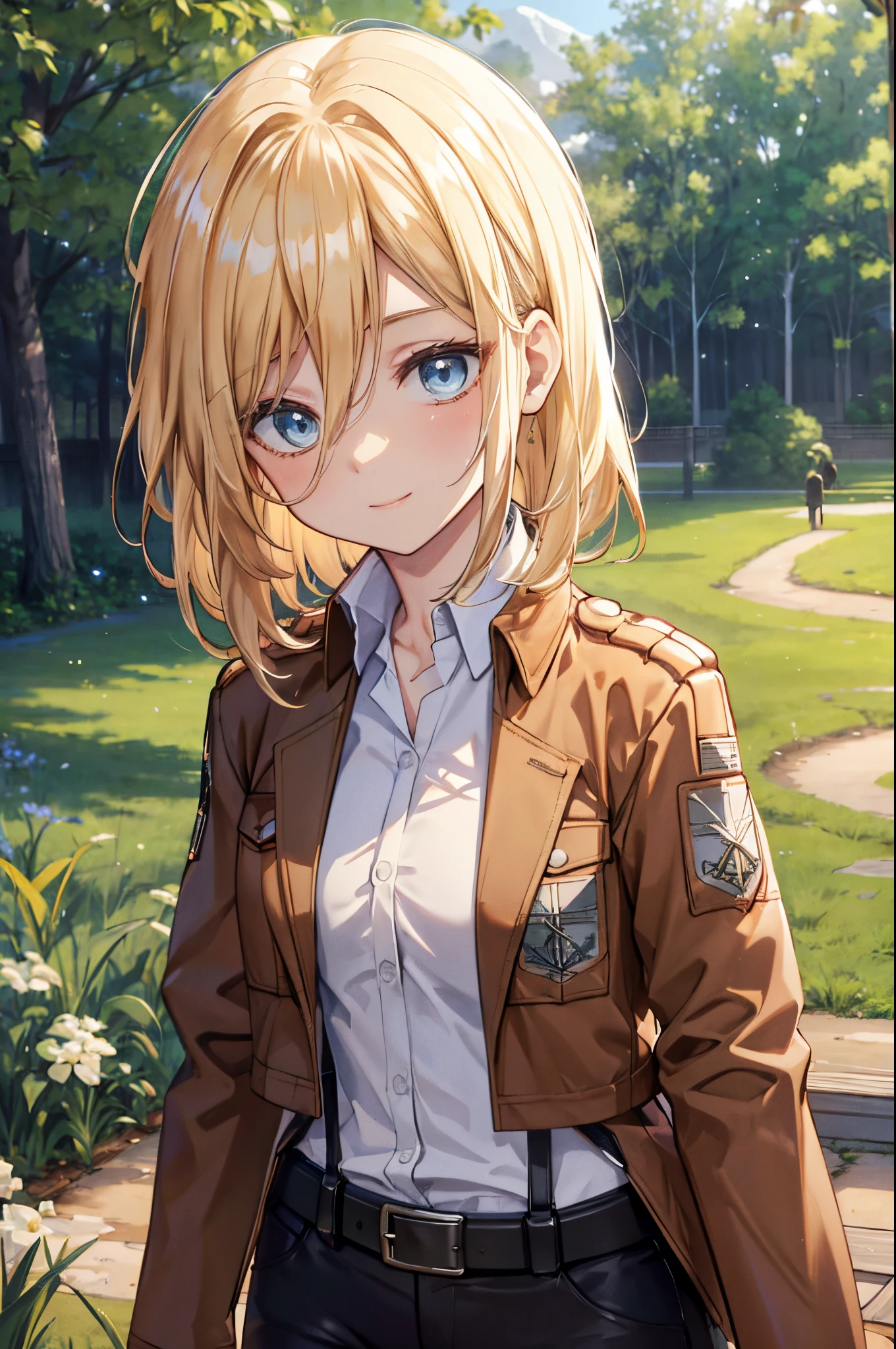 ((upper body portrait)), (masterpiece), best quality, expressive eyes, perfect face, highres, (8k), (perfect face), (ultra details), pikkyhistoria, 1girl, solo, looking at viewer, blonde hair, hair between eyes, short hair, long hair, blue eyes, jacket, paradis military uniform, pants, shirt, brown jacket, belt, white pants, long sleeves, emblem, open jacket, collared shirt, open clothes, thigh strap, boots, white shirt, standing, field, grass, trees, smile