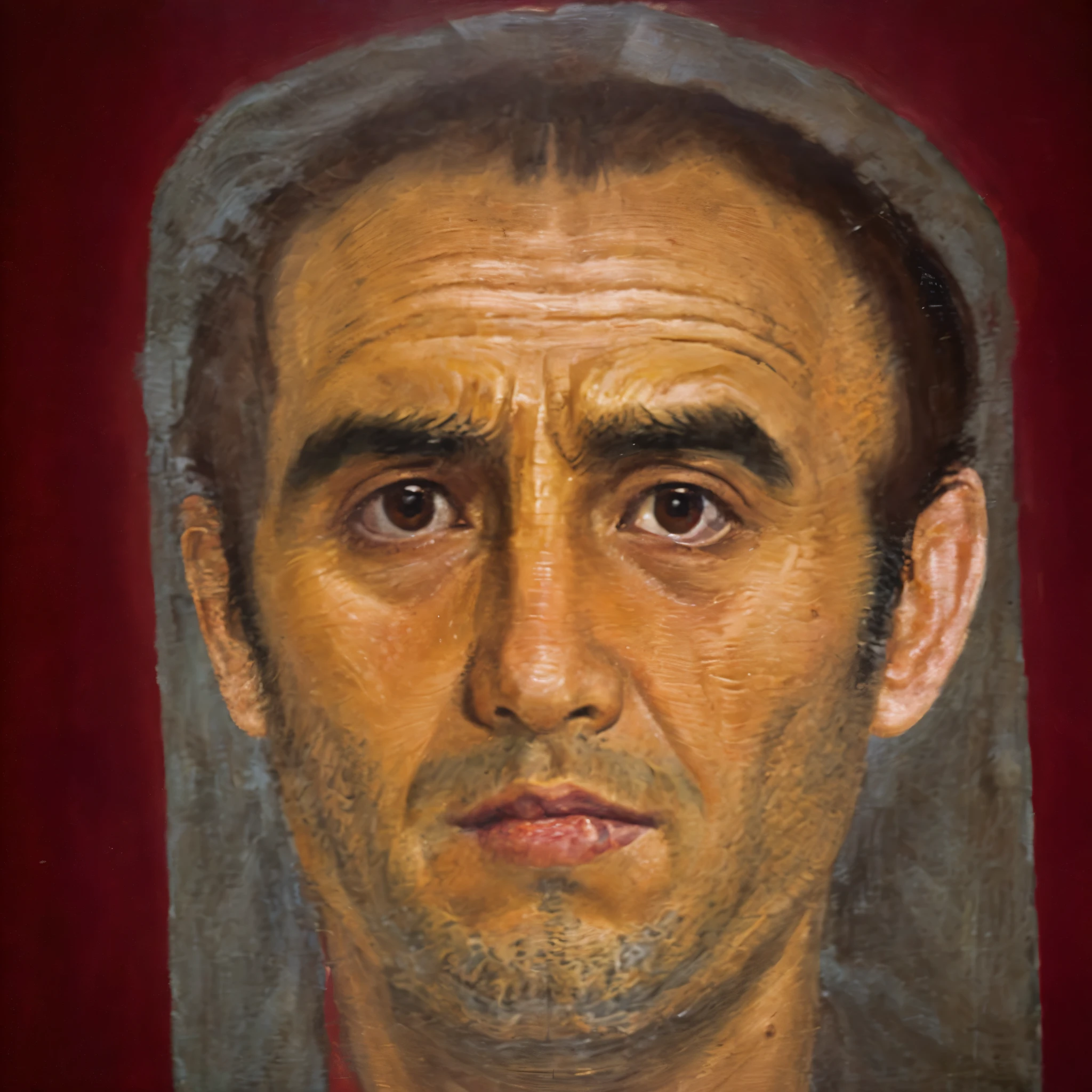 painting of a man with a red shirt, fayum portrait, full face portrait, full-face portrait, portrait of saint of the pit, alejandro, realistic restored face, inspired by Taddeo Gaddi, frontal portrait, side centered painted portrait, anton, full - face close - up portrait, portrait of face, by Francesco Clemente, facial portrait