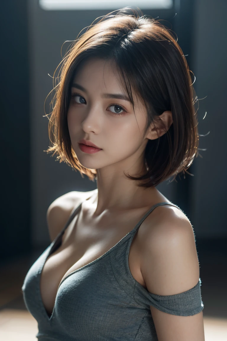 Skin Tight Black Top:1.2, Looking at Viewer, Cinematic lighting, Perfect, softlight, High resolution skin:1.2, Realistic skin texture, Realistic face, off shoulders, Exposed cleavage, Blue eyes, Short hair,dark brown  hair、Bust B Cup、Small breasts