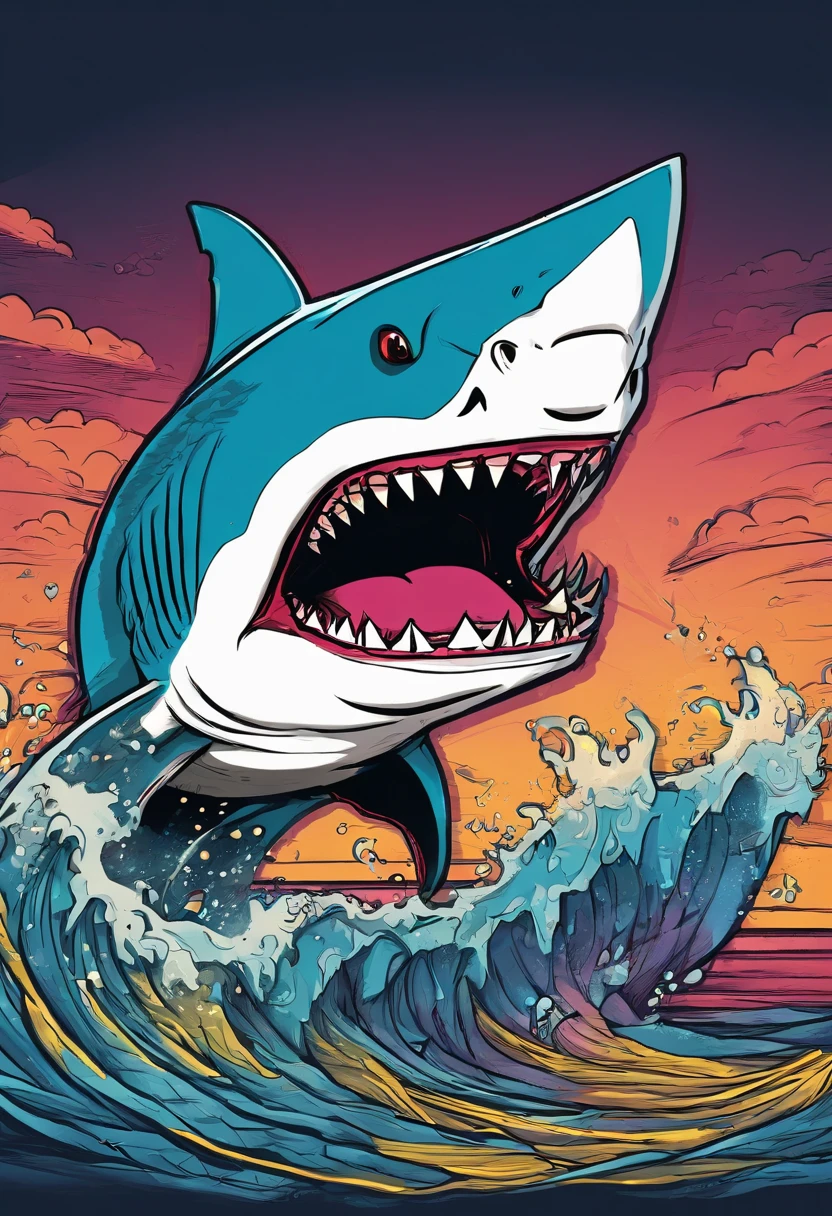shark illustration for a sticker with a black background, in bold outline style, jagged edges, trashcore, light shading --v 5.2