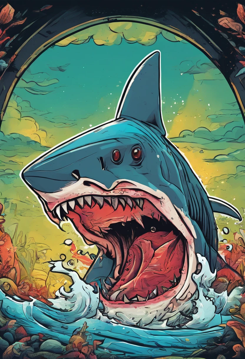 shark illustration for a sticker with a black background, in bold outline style, jagged edges, trashcore, light shading --v 5.2
