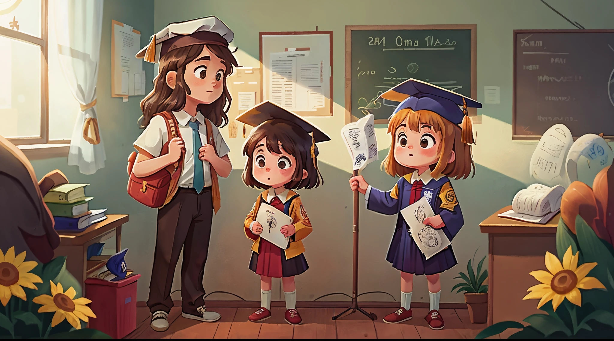 Jesus standing next to a highschool girl student holding a diploma in a cap and gown