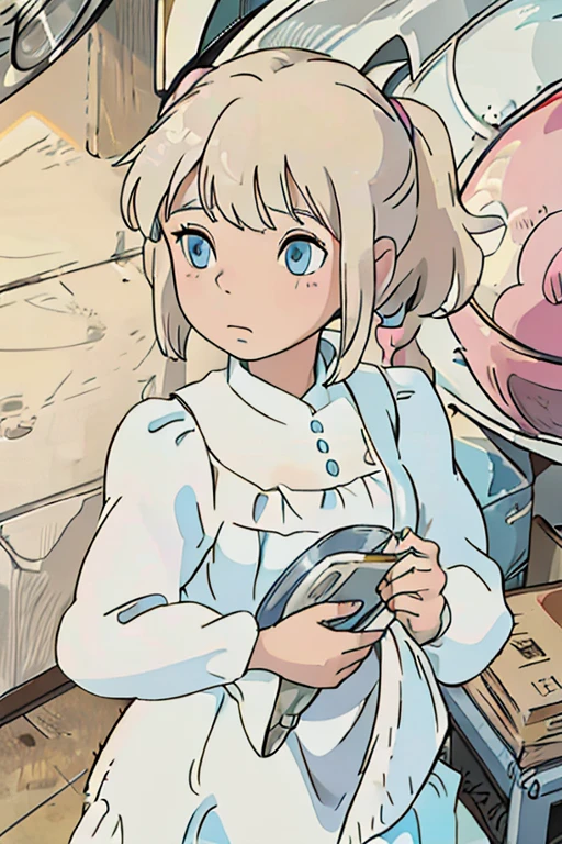 young woman, wearing a white dress, ash blonde hair, bangs, light blue eyes, pigtails