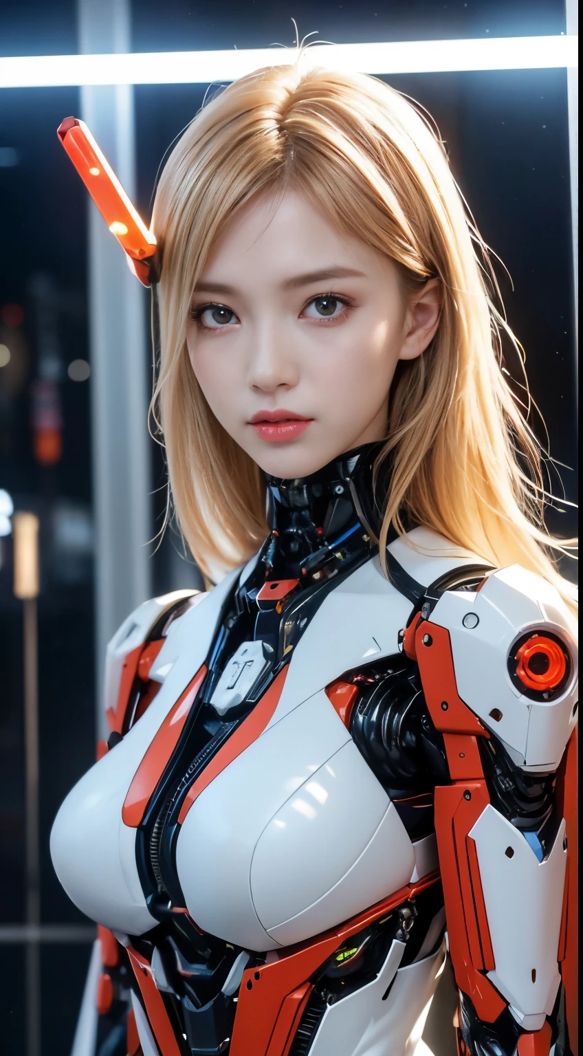 (1 Mechanical Girl)、top-quality、​masterpiece、超A high resolution、(Photorealsitic:1.4)、Raw photo、女の子1人、Golden hair、glowy skin、(((1 Mechanical Girl)))、（LED Lamp Mechanical Helmet）、(Small LED)、((super realistic details))、portlate、globalillumination、Shadow、octan render、8K、ultrasharp、Colossal tits、Raw skin is exposed in cleavage、metals、Details of complex ornaments、Japan details、highly intricate detail、Realistic light、CGSoation Trends、Red Eyes、radiant eyes、Facing the camera、neon details、(Mechanical limbs)、(blood vessels connected to tubes)、Mechanical vertebrae attached to the back、mechanical cervical attaching to neck、(Wires and cables connecting to the head)、Gundam、Small LED、,Mechanical thighs、Toostock、