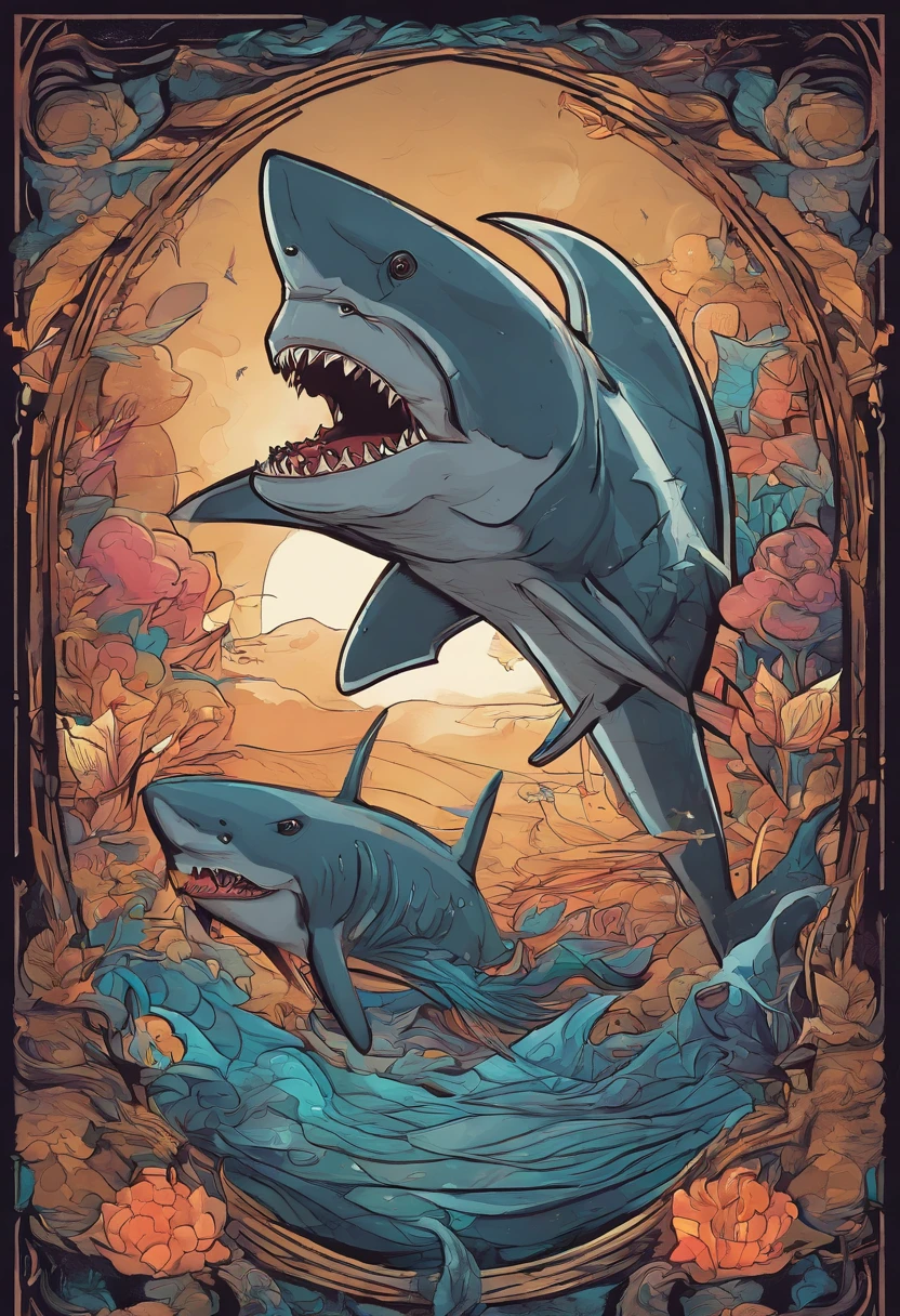 shark illustration for a sticker with a black background, in bold outline style, jagged edges, trashcore, light shading --v 5.2
