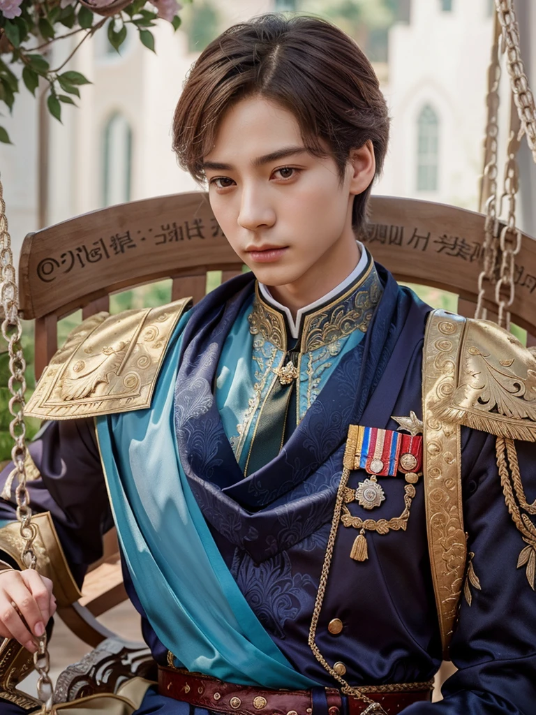 there is a man in a uniform sitting on a swing, beautiful androgynous prince, delicate androgynous prince, handsome prince, renaissance prince, inspired by Bian Shoumin, highly detailed exquisite fanart, royal elegant pose, royal portrait, inspired in kris from deltarrune, royal emperor, fanart, inspired by Kim Deuk-sin, inspired by Huang Shen