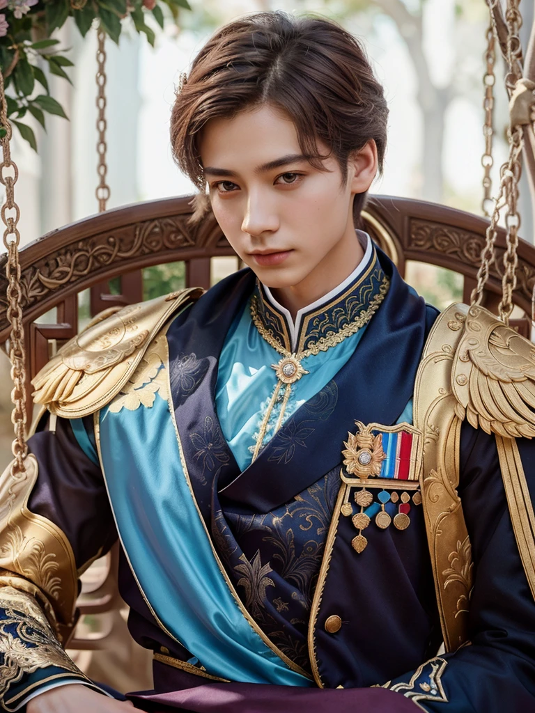 there is a man in a uniform sitting on a swing, beautiful androgynous prince, delicate androgynous prince, handsome prince, renaissance prince, inspired by Bian Shoumin, highly detailed exquisite fanart, royal elegant pose, royal portrait, inspired in kris from deltarrune, royal emperor, fanart, inspired by Kim Deuk-sin, inspired by Huang Shen