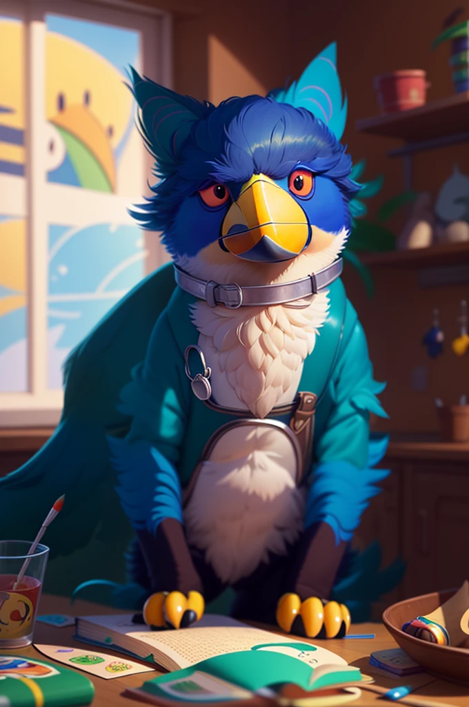 There is a toucan standing in the classroom holding a book, Highly Detailed 4K Digital Art, Digital Art Details, stunning digital illustration, Anthropomorphic toucan, Artistic digital details 4k, Drawing numbers cute, 4K detailed painting, beautiful digital art, highly detailed digital painting, Anthropomorphic toucan, Realistic anime toucan, Gato Brindado