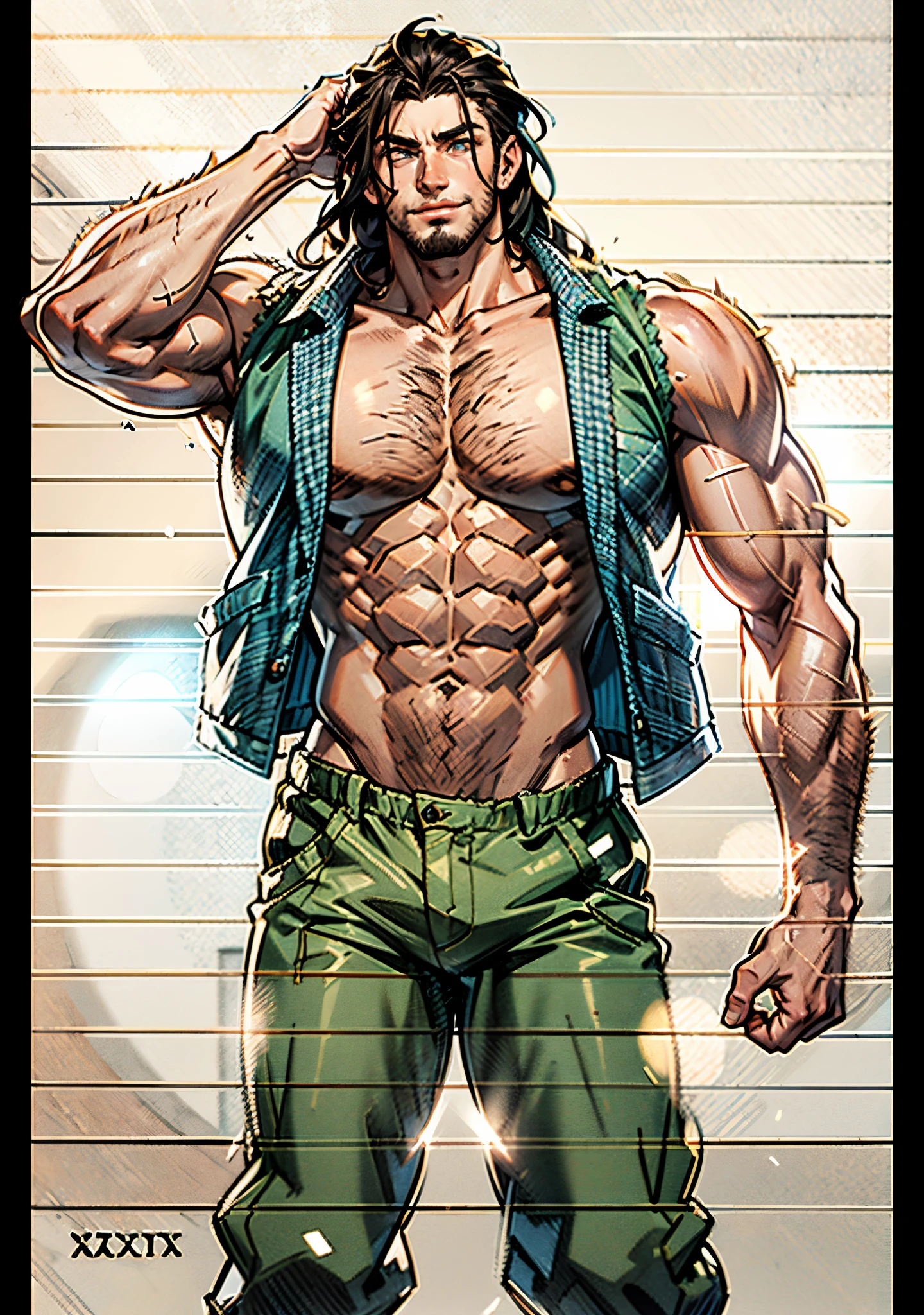 A young man, long black hair, a cheerful smile, thick and arched eyebrows, squinted eyes, brown skin, a sturdy physique, an open plain brown vest, revealing his muscular body, his right hand rests on the back of his head, a loose utility pants, the background depicts a lively fantasy-style street, this character embodies a finely crafted fantasy-style worker in anime style, exquisite and mature manga art style, high definition, best quality, highres, ultra-detailed, ultra-fine painting, extremely delicate, professional, anatomically correct, symmetrical face, extremely detailed eyes and face, high quality eyes, creativity, RAW photo, UHD, 8k, Natural light, cinematic lighting, masterpiece-anatomy-perfect, masterpiece:1.5