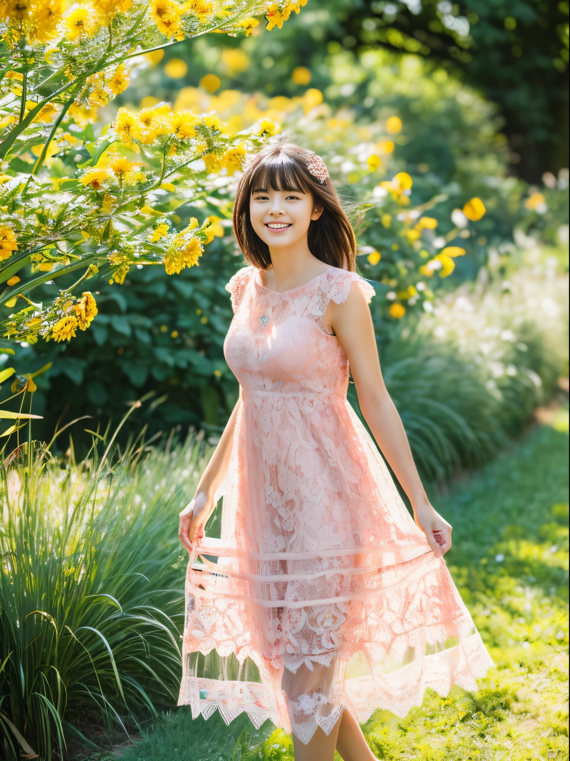 Ultra high-definition images,,1girl in,Solo, (Pink lace dress:1.2),A flowing dress (Beautiful shape:1.2), Sunflower field, In daylight, lightsmile,Looking at Viewer, Wind, Dynamic, Strong light and shadow,Dynamic Pose,