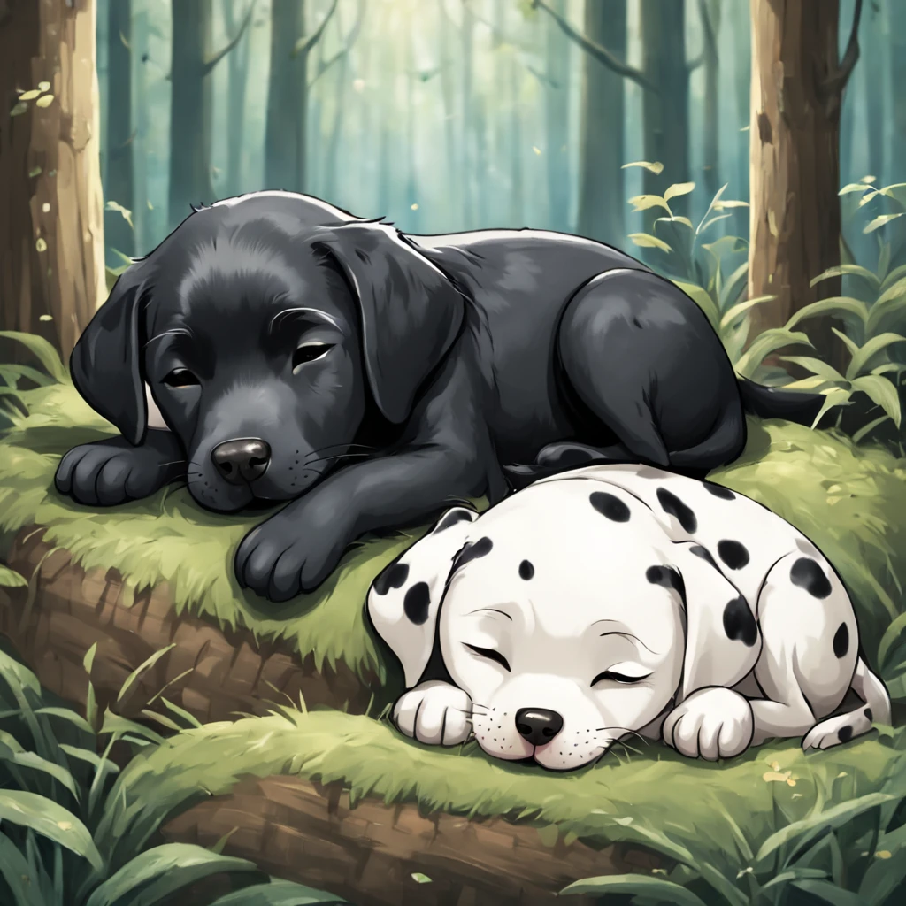 in woods,1 black labrador retriever,1 Dalmatian with many white parts, Are sleeping,In 2D chibi art style, masutepiece, Best Quality