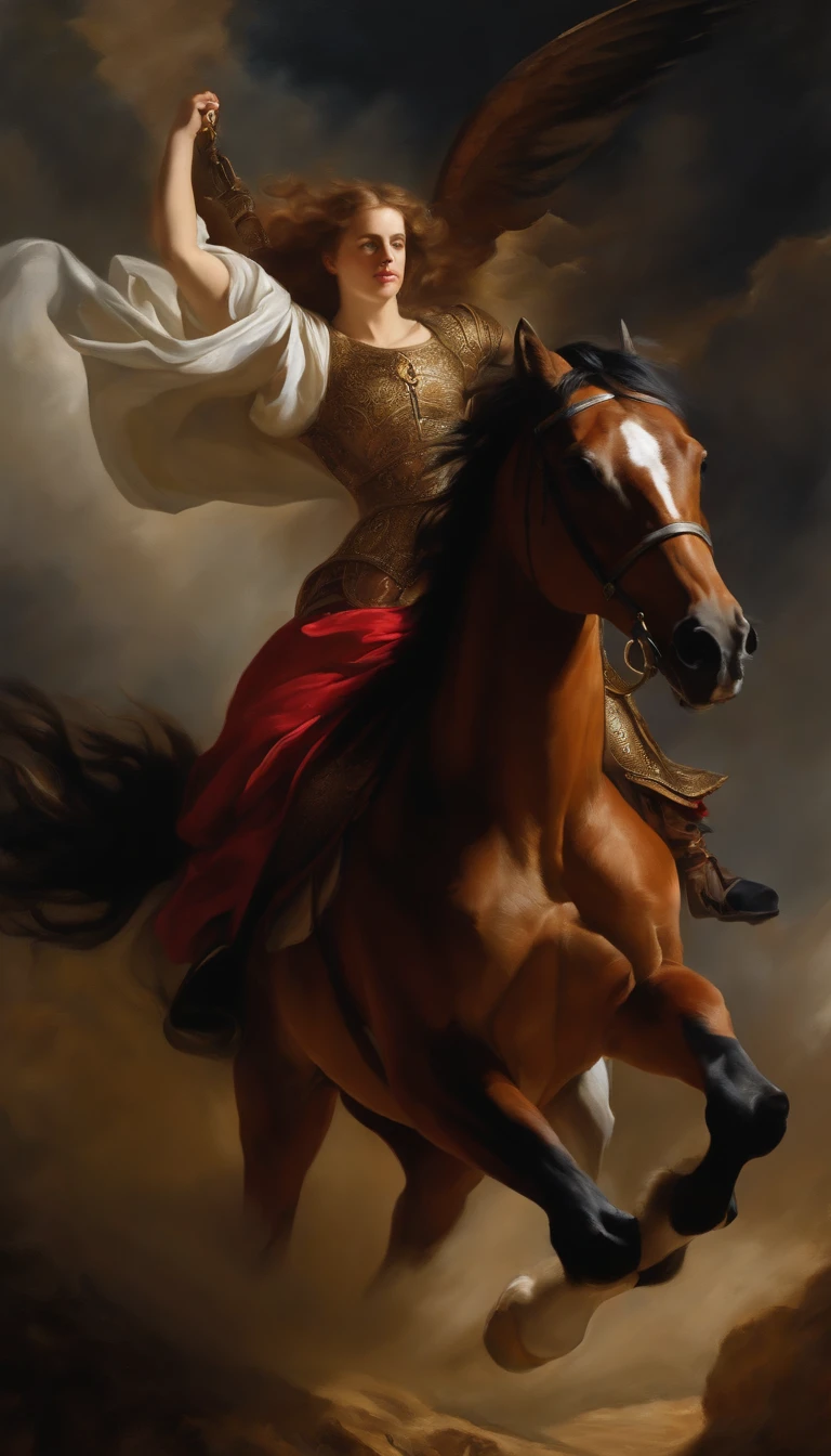 an oil painting, Coming down from the sky, A breathtaking masterpiece, Vivid, Caravaggio, 8K,angelicales,Lots of people,Fallen Angel,duel,Female Knight on Horse
