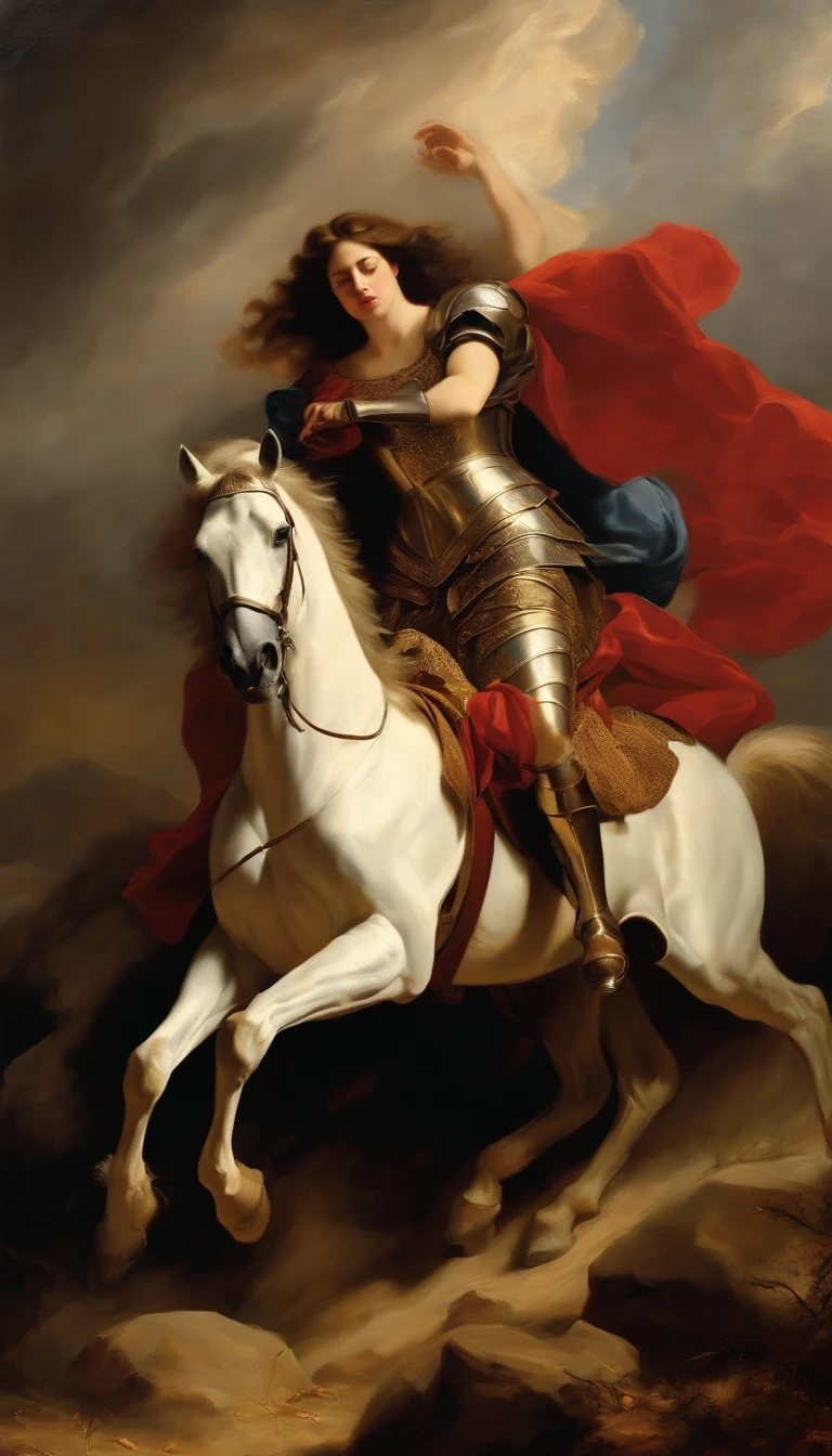 an oil painting, Coming down from the sky, A breathtaking masterpiece, Vivid, Caravaggio, 8K,angelicales,Lots of people,Fallen Angel,duel,Female Knight on Horse