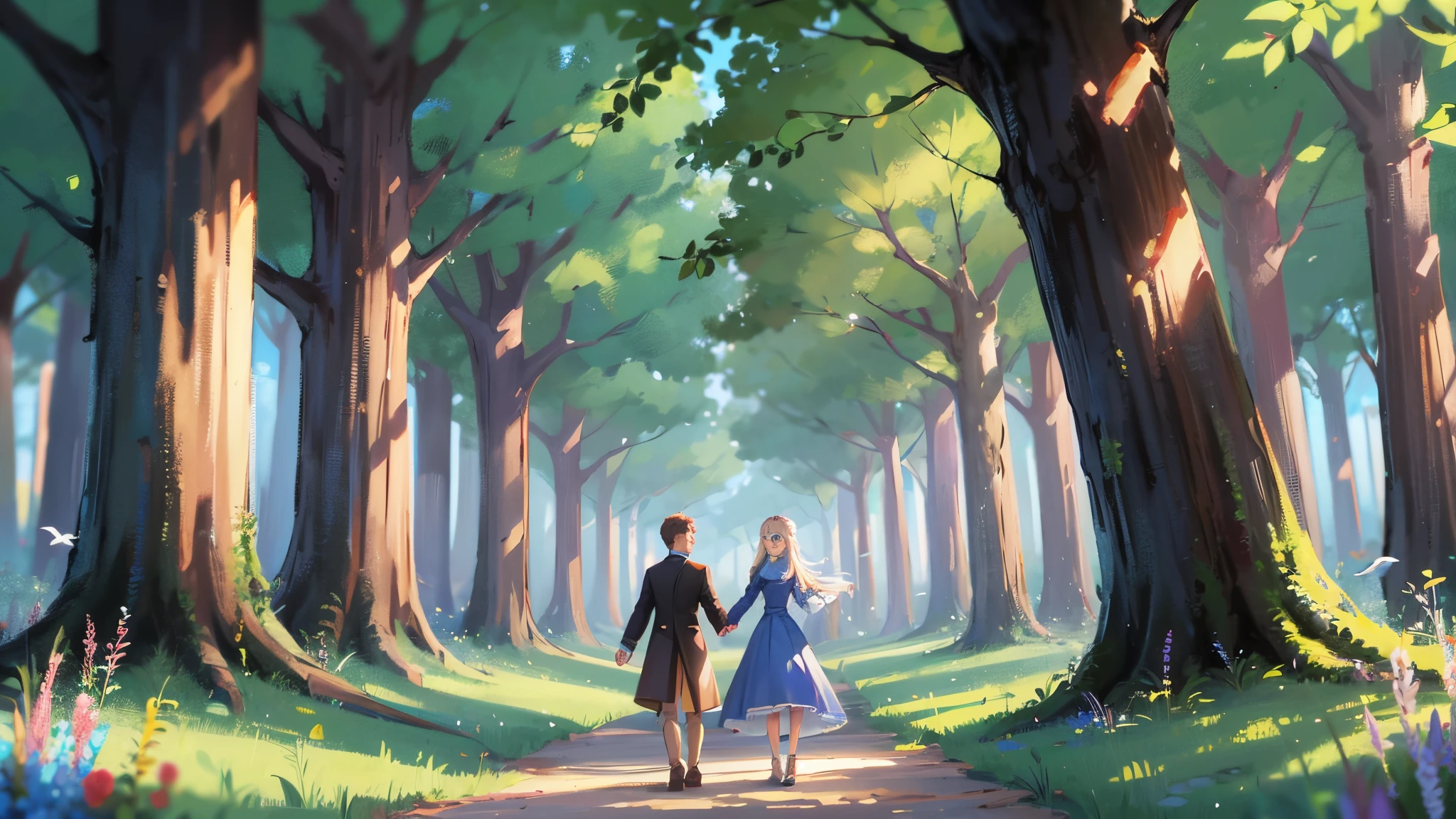 happy man and woman holding hands side by side in a forest full of many trees and lots of greenery and lots of birds and blue sky image in pixar drawing model --auto --s2