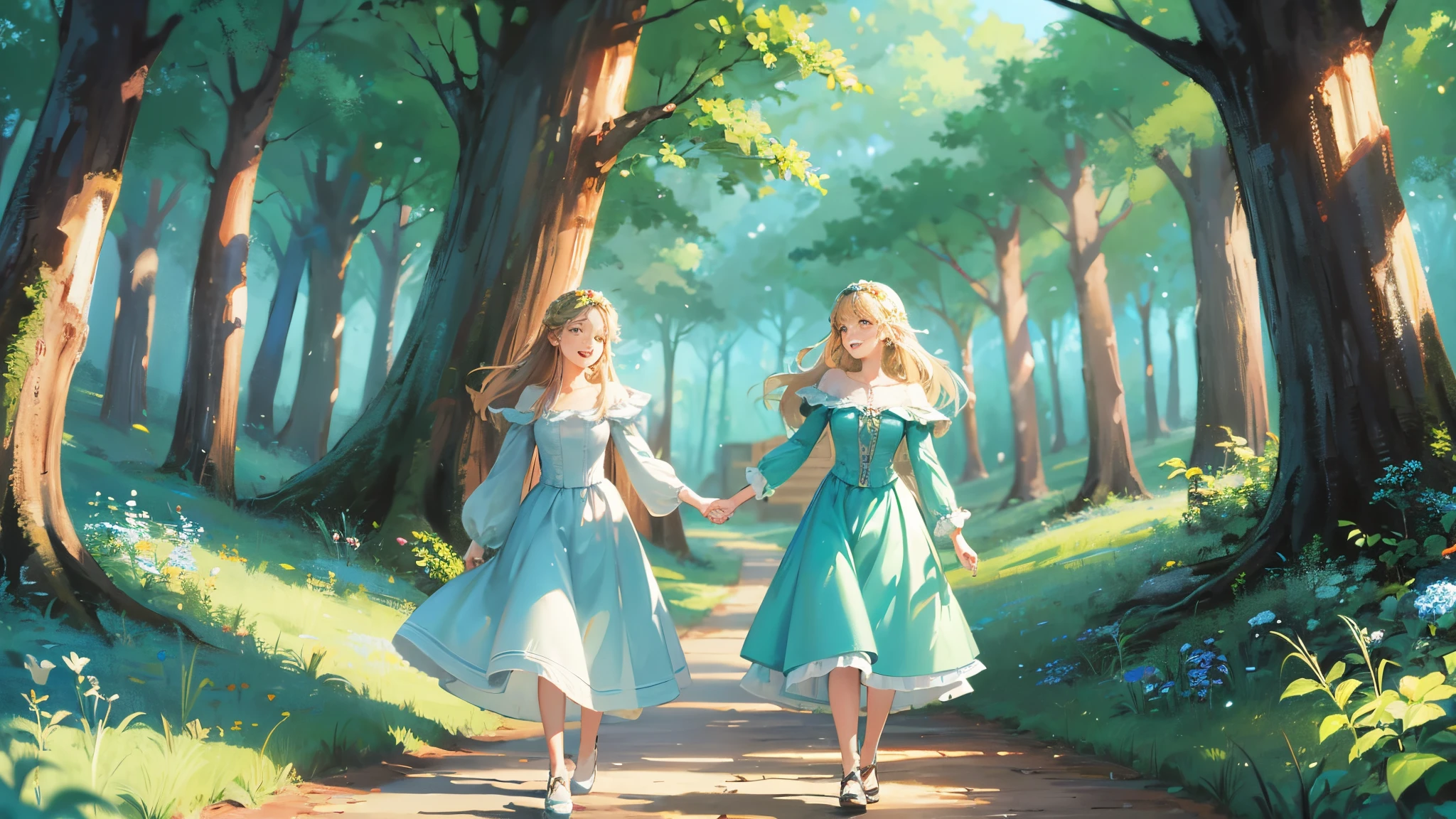 happy man and woman holding hands side by side in a forest full of many trees and lots of greenery and lots of birds and blue sky image in pixar drawing model --auto --s2