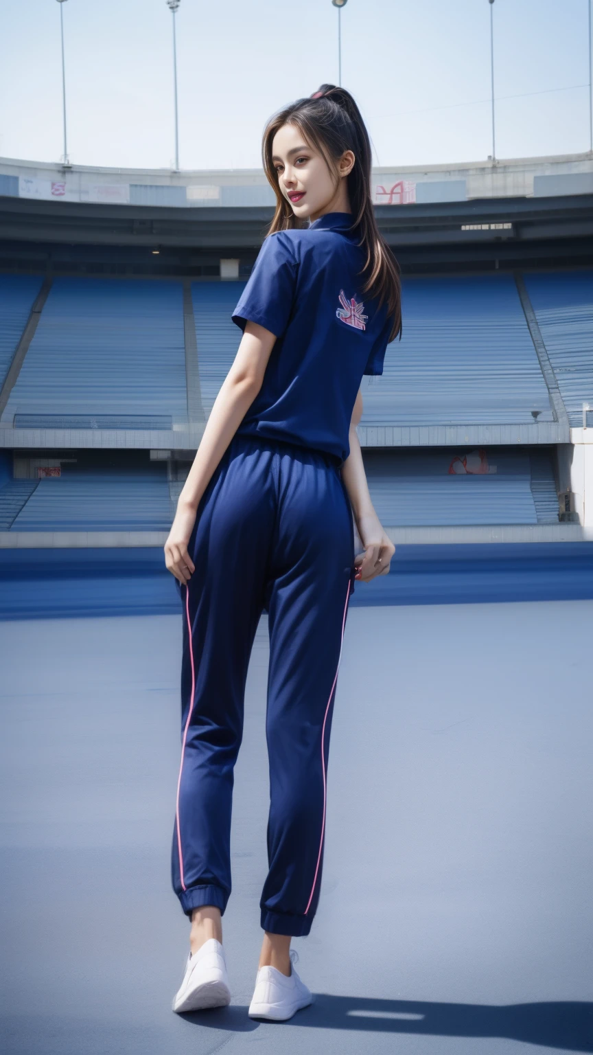 (bestquality,10,10,highres,masterpiece:1.2),ultra-detail,(Realistic,photorealistic portrait,photo-realistic:1.37),1 Cute girl in the football field,oily shiny skin,bara,light smile,BDclothes,((blue shirt:1.3)),short sleeves,shirt, trousers.,(navy_long_Pants Track:1.1), ((Stadium Background:1.3)),dynamic angle,excited,face focus,Dynamic Poses,from behide,Ass Focus,masterpiece, bestquality, ultra realistic, hyper-detail, 8k resolution, RAW photo, crisp focus, ((Navy blue shirt:1.1)), short sleeves, Long Path, Perfect body, 2 mature women, 18yo, cinematic light,Blue sweatpants,Gymware,Correct anatomy,Complete body, Correct body, sharp face, Anatomically correct body, full entire body, Realistic gestures, long-haired, Realistic poses,Wear long shorts........................,Long leg span,Shapely,Sculpting Girl, Slender Figure, mannequin mannequins, Shapely, Beautiful body,Blue sweatpants, Two girls kissing
