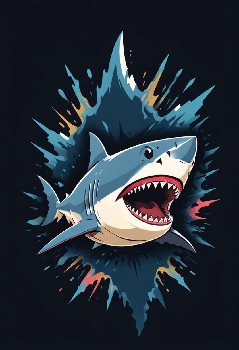 best quality,ultra-detailed,shark illustration for a sticker,black background,outline style,bold,jagged edges,trashcore,light shading,high contrast colors,vivid colors,edgy,eye-catching,fierce,attention-grabbing,aggressive,striking,stylized,unique design,meticulous details,highly defined lines,precise linework,dynamic composition,dramatic perspective,angled view,ferocious expression,strong jaws,sharp teeth,tribal tattoo elements,metallic accents,gritty texture,grunge effect,urban style,street art influence,modern aesthetics,graphic design,high impact imagery,contrast,depth,shadow and light,emotionally charged,raw energy,visual impact,masterpiece:1.2