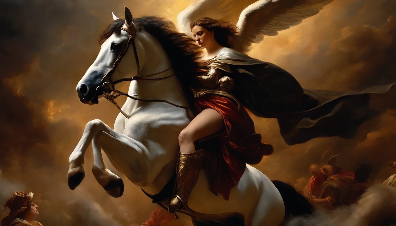 an oil painting, Coming down from the sky, A breathtaking masterpiece, Vivid, Caravaggio, 8K,angelicales,Lots of people,Fallen Angel,duel,Female Knight on Horse
