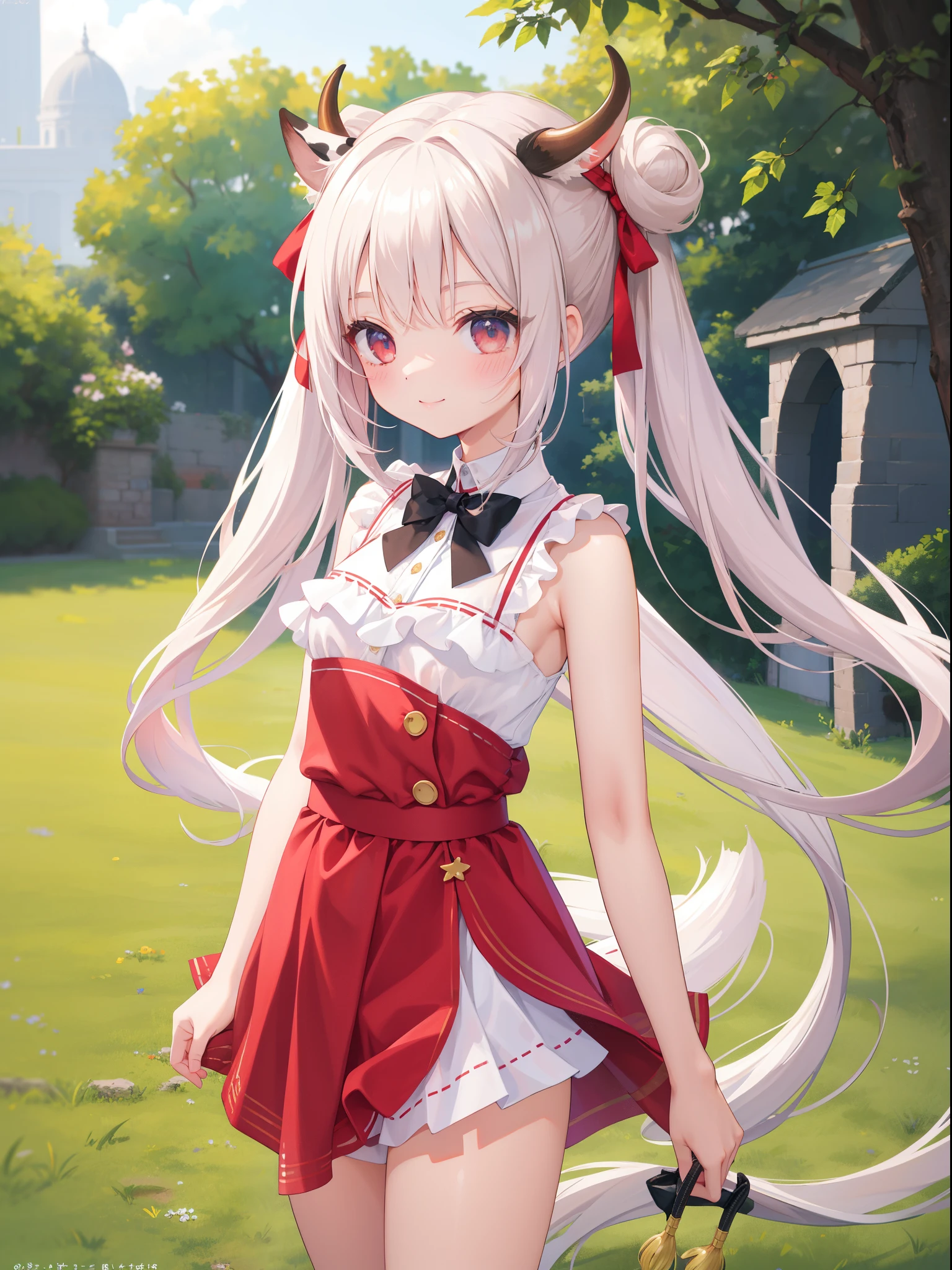 tmasterpiece, Best quality at best, A high resolution, amira, long whitr hair, Pin the bangs at the back of the head, Top knot, forehead, Collar, Bare shoulders, Chopping, red mini short , exercise well,the bow, Sleeveless, cow boy shot, Permanent, Outdoor activities, Riman, ssmile, the shy, A blushing smile,Show butt