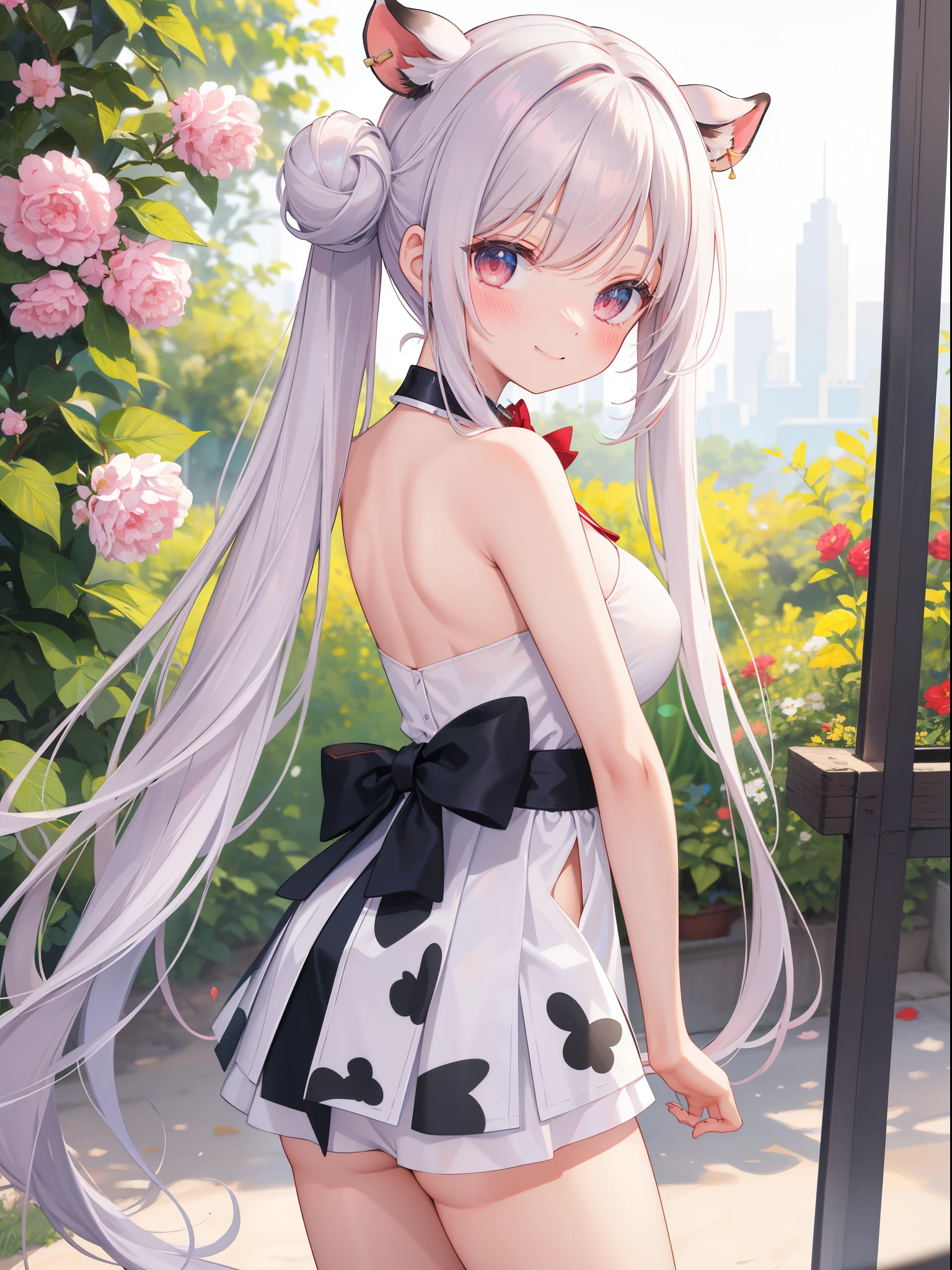 tmasterpiece, Best quality at best, A high resolution, amira, long whitr hair, Pin the bangs at the back of the head, Top knot, forehead, Collar, Bare shoulders, Chopping, red mini short , exercise well,the bow, Sleeveless, cow boy shot, Permanent, Outdoor activities, Riman, ssmile, the shy, A blushing smile,Show butt