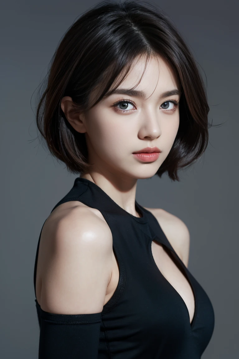 Skin Tight Black Top:1.2, Looking at Viewer, Cinematic lighting, Perfect, softlight, High resolution skin:1.2, Realistic skin texture, Realistic face, off shoulders, Exposed cleavage, Blue eyes, Short hair,dark brown hair、Bust B Cup、small tits 、Gray background