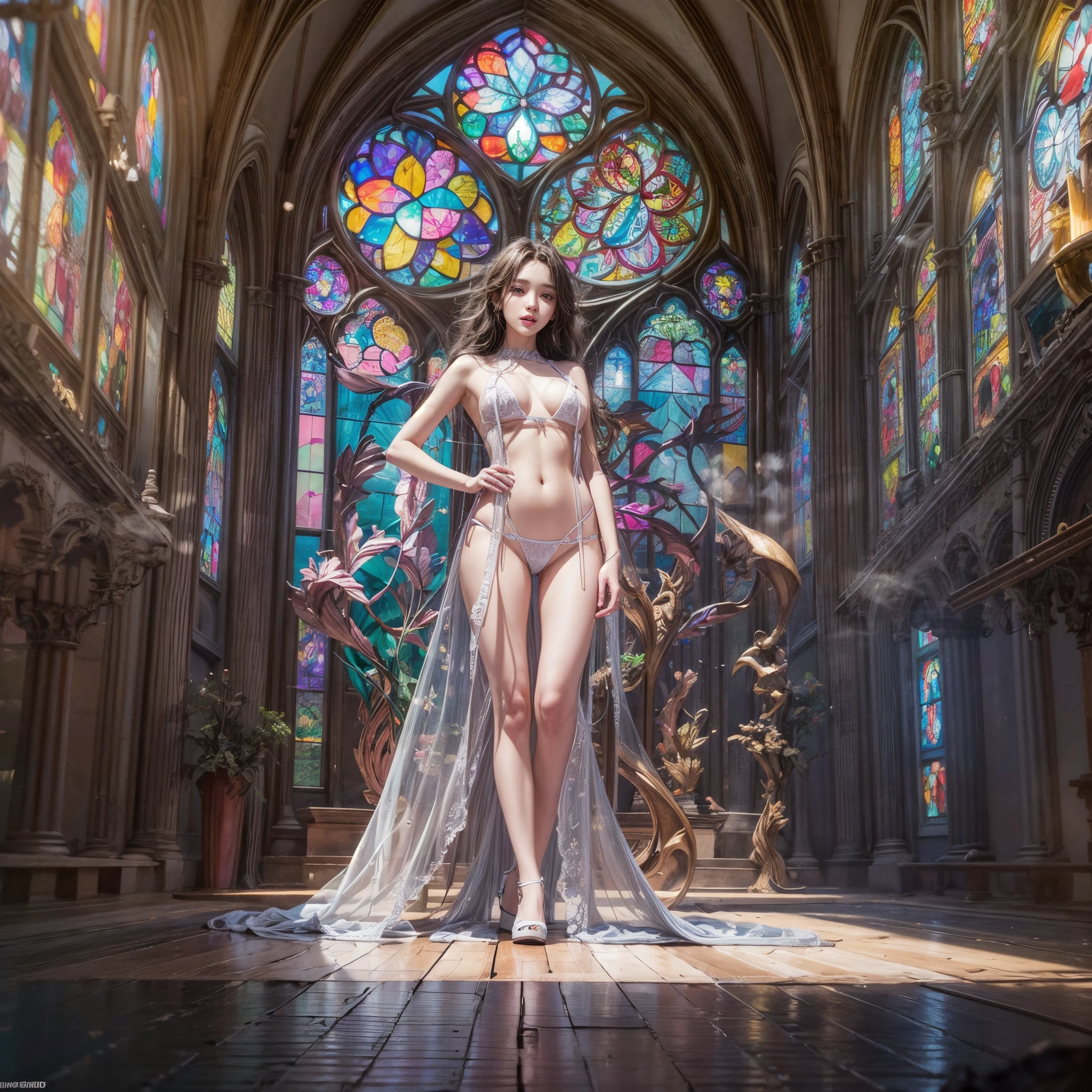 ( Masterpiece:1.25, exposed:1.2, White and vivid colors, navel), (sexy junior idol), ((face variations)), portrayed in the best quality and high resolution. The image should be ultra-detailed, realistic, and photorealistic with a touch of rawness. back lighting, colorful Light shines through delicate stained glass. The medium can be a combination of photography and concept art. The color tone should be vibrant and vivid, enhancing the overall visual impact. (Whole Body proportions and all limbs are anatomically accurate), (nipple:-0.9) .