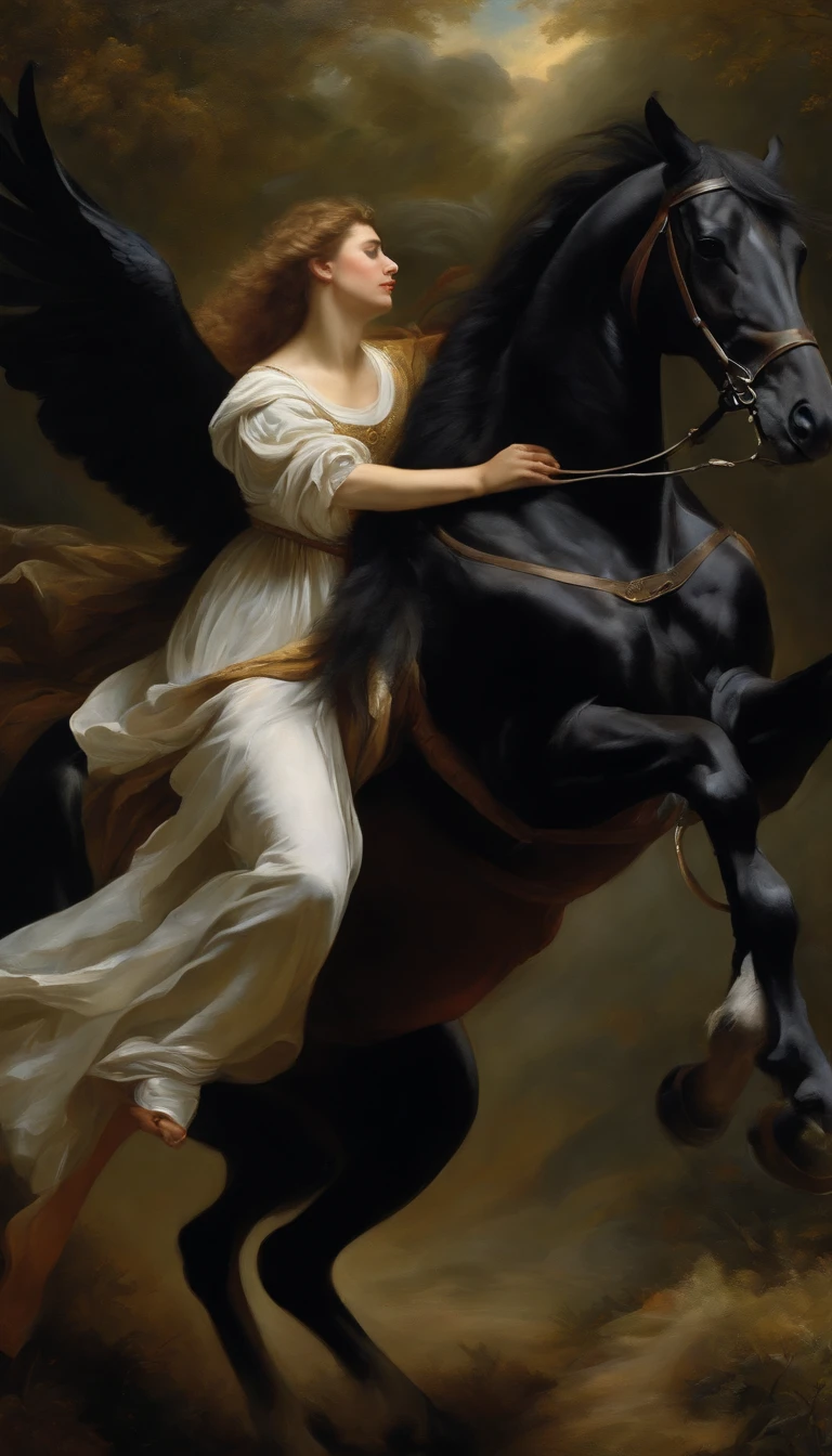 winged black horse of Edward Robert Hughes, of Nikolai Ge, of Gaetano Previati, stars in his eyes of looking, tarot cards, cosmic goddess of Carlos Schwabe, Edward Hughes, of Jan Zrzavý, of Jean Delville, planets, shooting stars, Sun. Archibald Motley's enoch bolles, by Rolf Armstrong, inspired by Rolf Armstrong, as rolf armstrong style, angus mcbride, gill elvgren, inspired by Art Frahm, do not duplicate. Face without deformation. Ingrid Bergman's Face