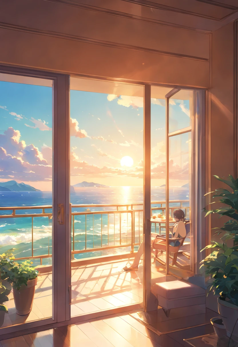 View from the balcony of a luxury hotel、sunny sea in the south　light coming through the window