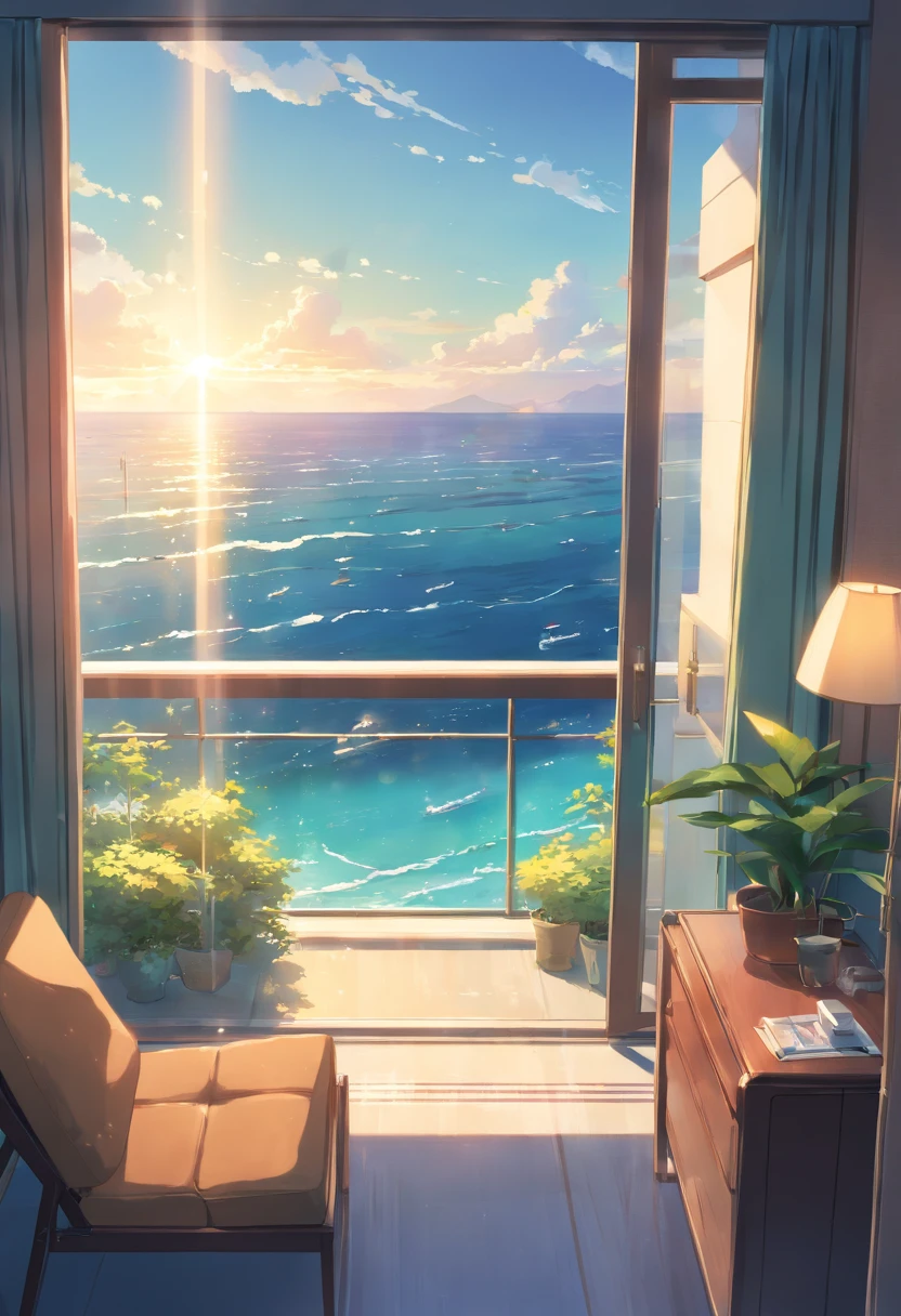 View from the balcony of a luxury hotel、sunny sea in the south light coming through the window
