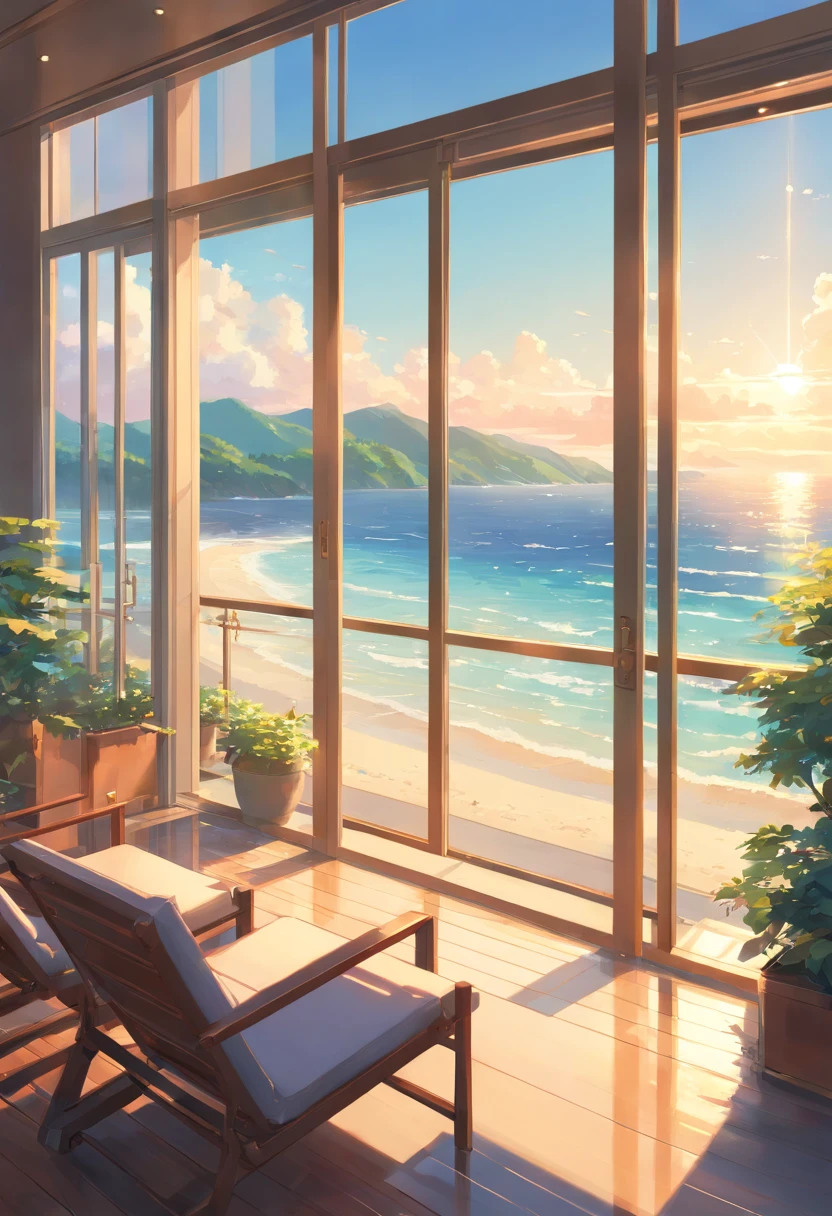 View from the balcony of a luxury hotel、sunny sea in the south light coming through the window