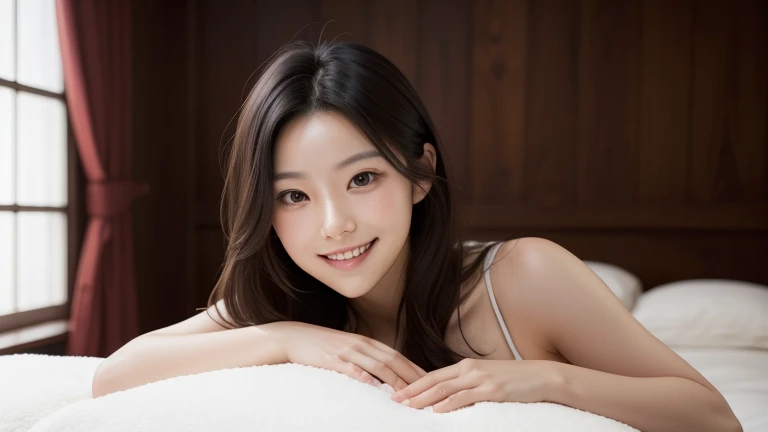 High resolution,4K,8k,16K,
1 Female,
(Fair skin:1.2),(Age 25:1.5)、
(K-Pop Idols:1.2),skinny,Long legs;1.1,
Long brown hair,(Beautiful Face:1.2),Perfect body,(Perfect Face,Beautiful Nose:1.2),View Viewer,(smile:1.3),2 Arms,Lie in,On the bed,Close-up face,
Face on pillow,Touching your face, In the room,